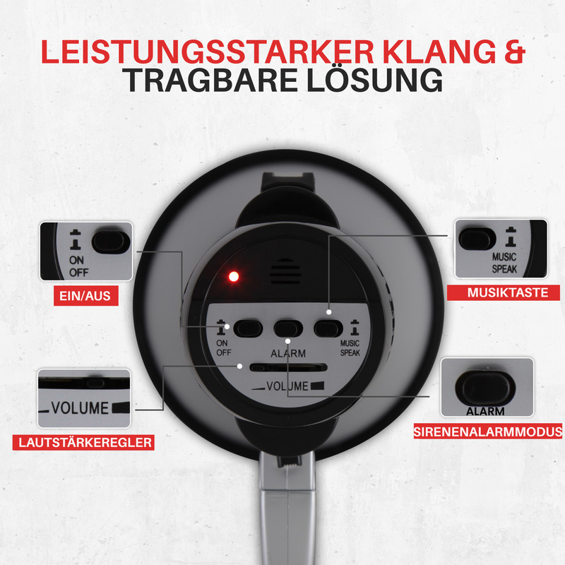 Ein Megafon mit Bedienelementen und Beschriftungen: Lautstärke, Ein/Aus, Alarm, Musik.