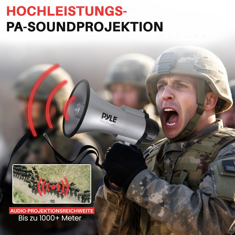 Soldat schreit in Megafon, Soldaten im Hintergrund, Luftaufnahme von Truppen.