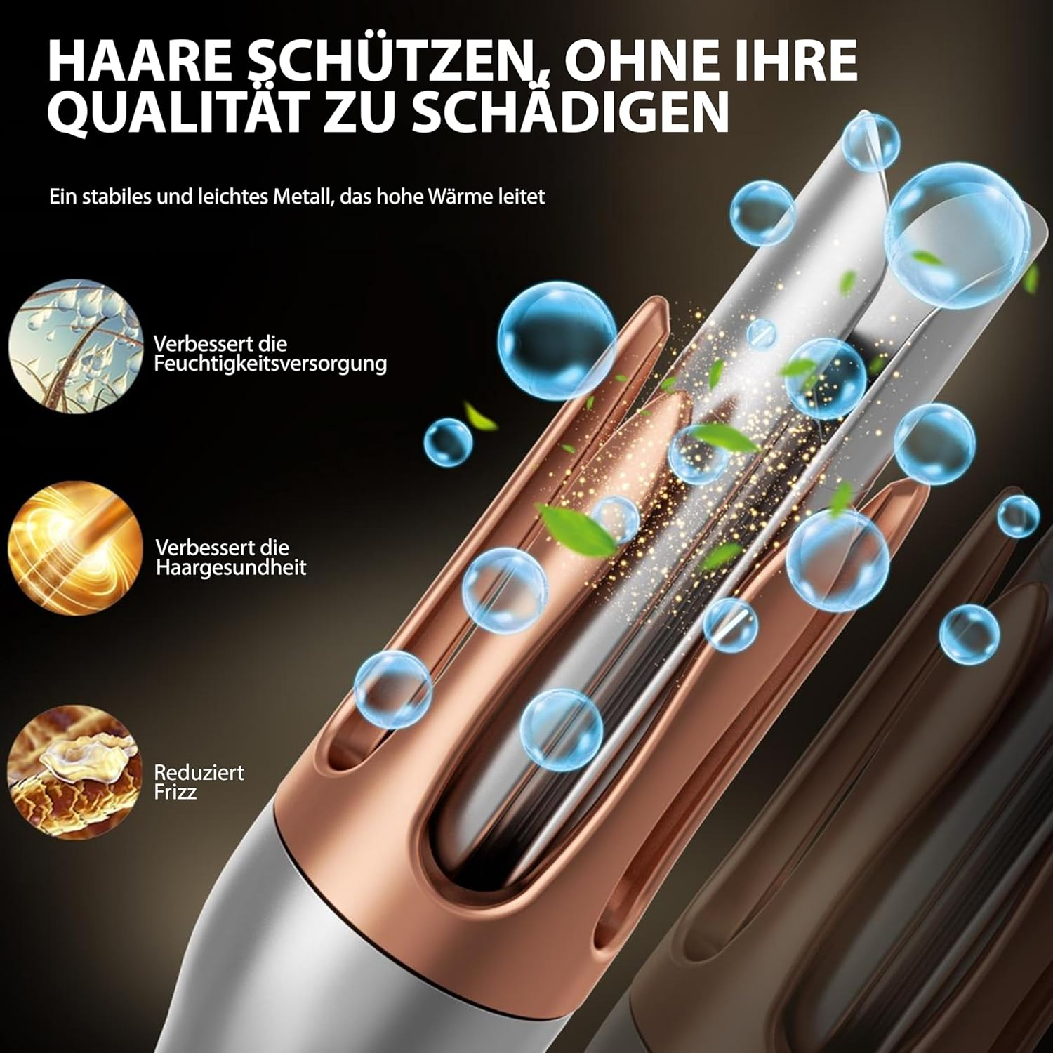 Haarpflege-Tool mit Blasen und Blättern. Zeigt Vorteile wie Feuchtigkeit, Gesundheit und Frizz-Reduzierung.
