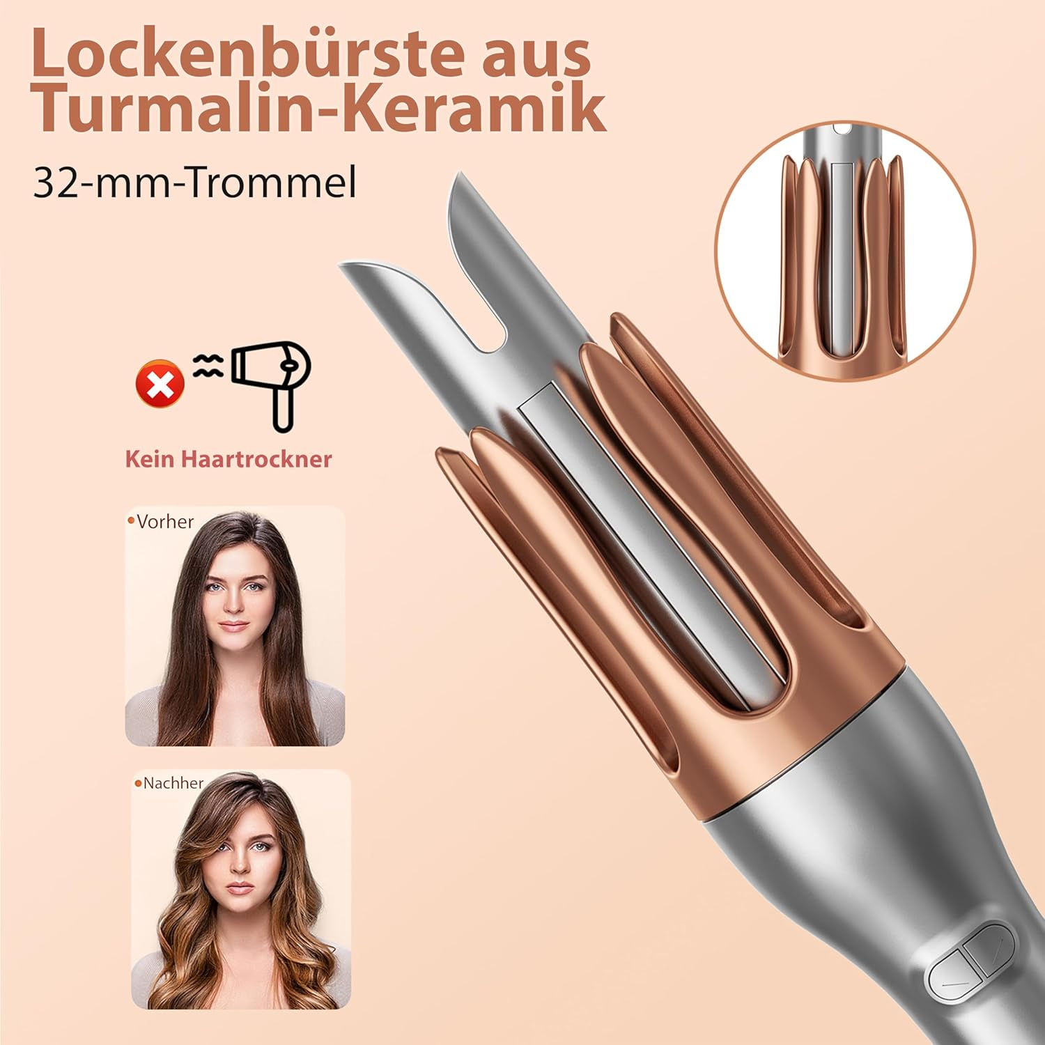 Lockenbürste mit 32mm Trommel und Vorher/Nachher-Bild einer Frau.