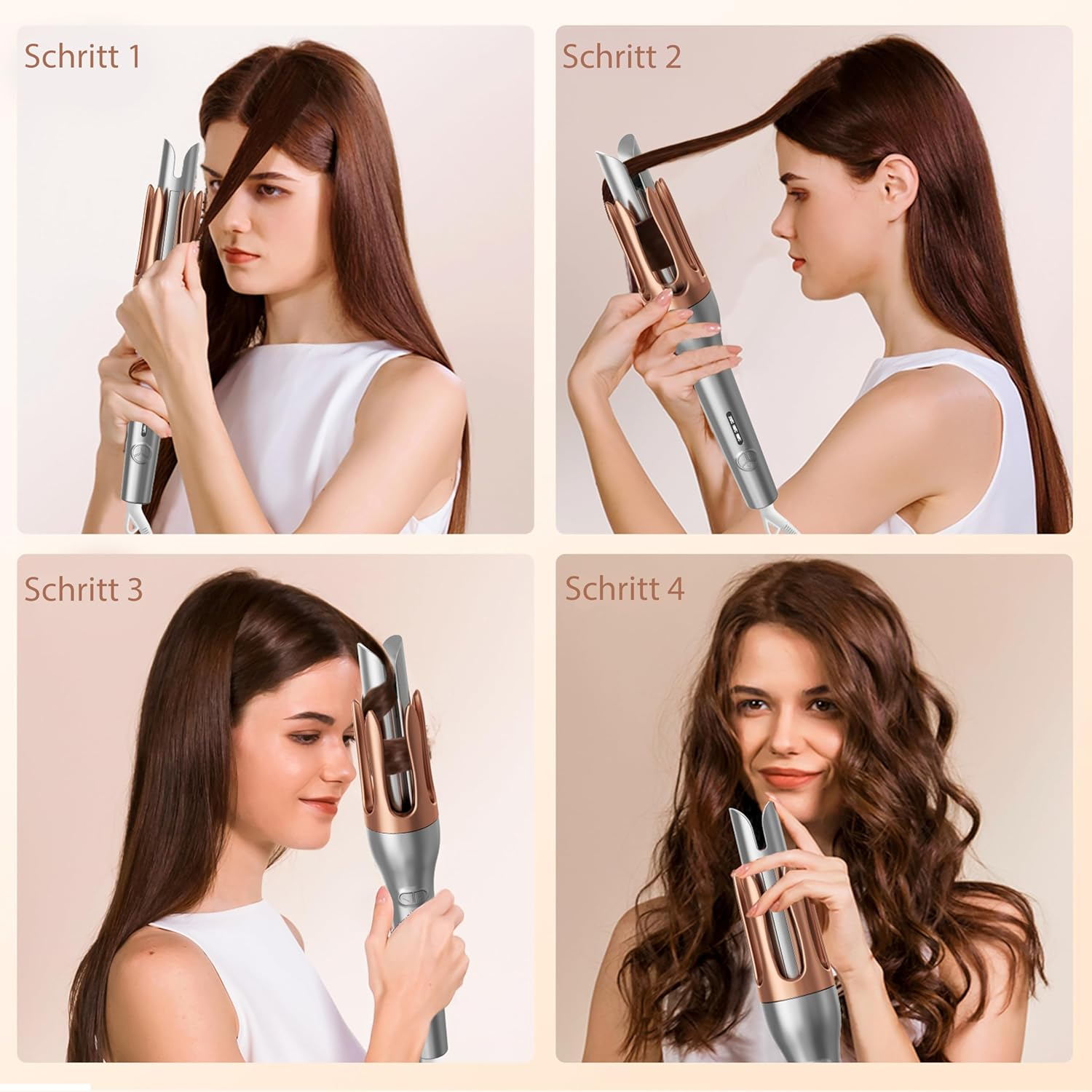 Vier Schritte zur Haarglättung mit einem Lockenstab: Haare einführen, drehen, glätten, Ergebnis.