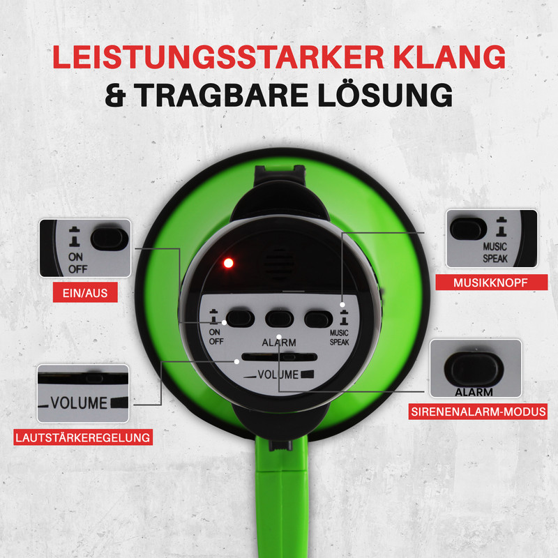 Lautsprecher mit Bedienelementen und Beschriftungen: Ein/Aus, Musik, Alarm, Lautstärke.