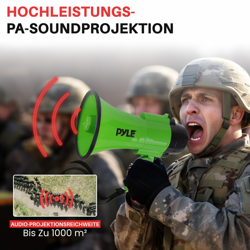Soldat schreit in grüne Megafon, rote Schallwellen. Kleine Drohnenansicht einer Gruppe.