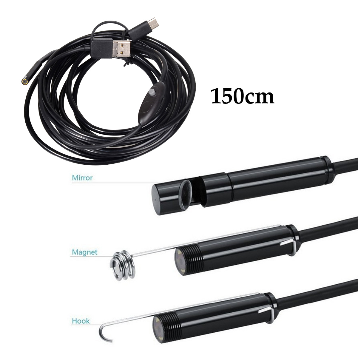 Ein schwarzes 150cm USB-Endoskop mit spulenfoermigem Magneten, Haken und Spiegelaufsatz.