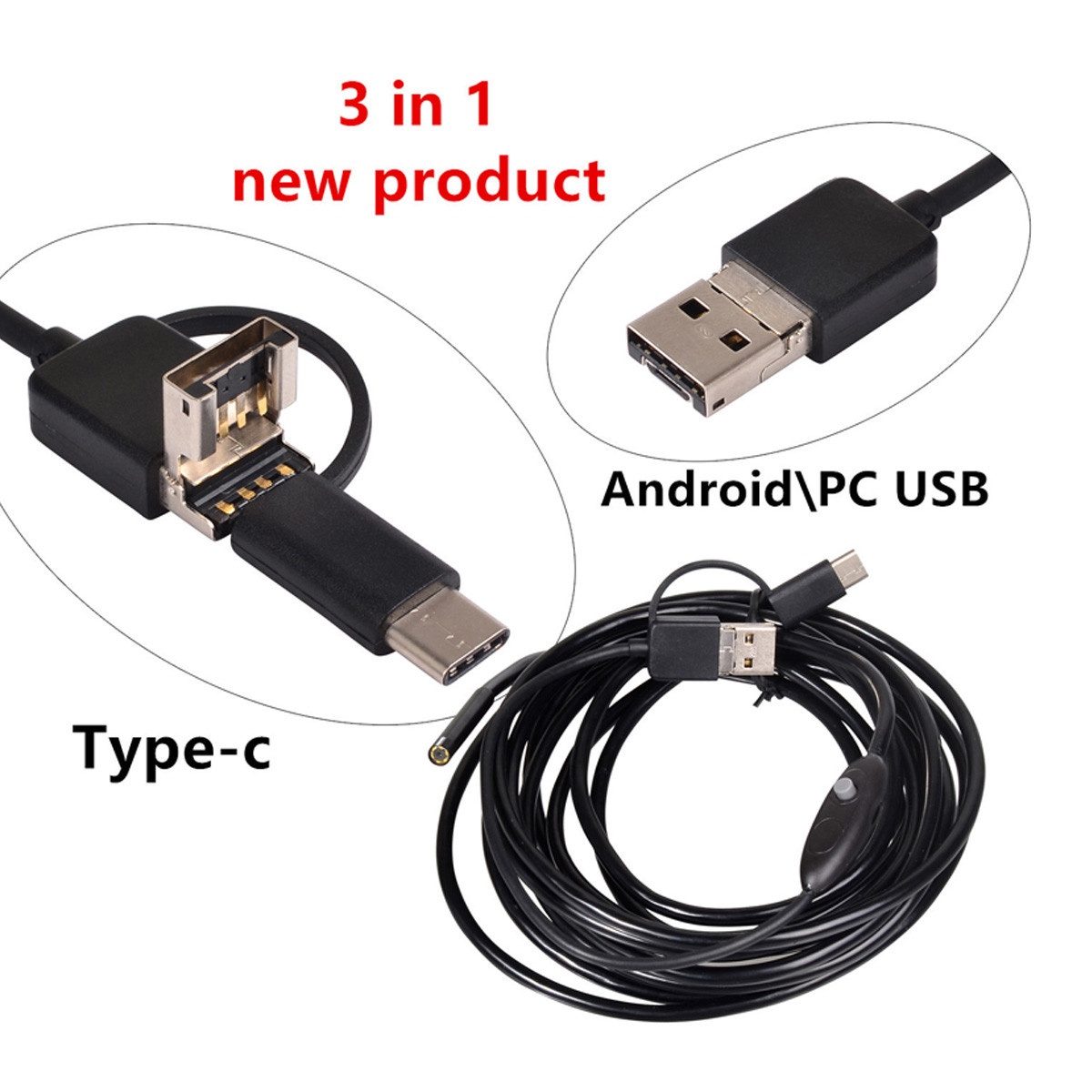Ein schwarzes 3-in-1-Kabel mit USB-, Typ-C- und Micro-USB-Anschlüssen. Auch ein gewickeltes Kabel.