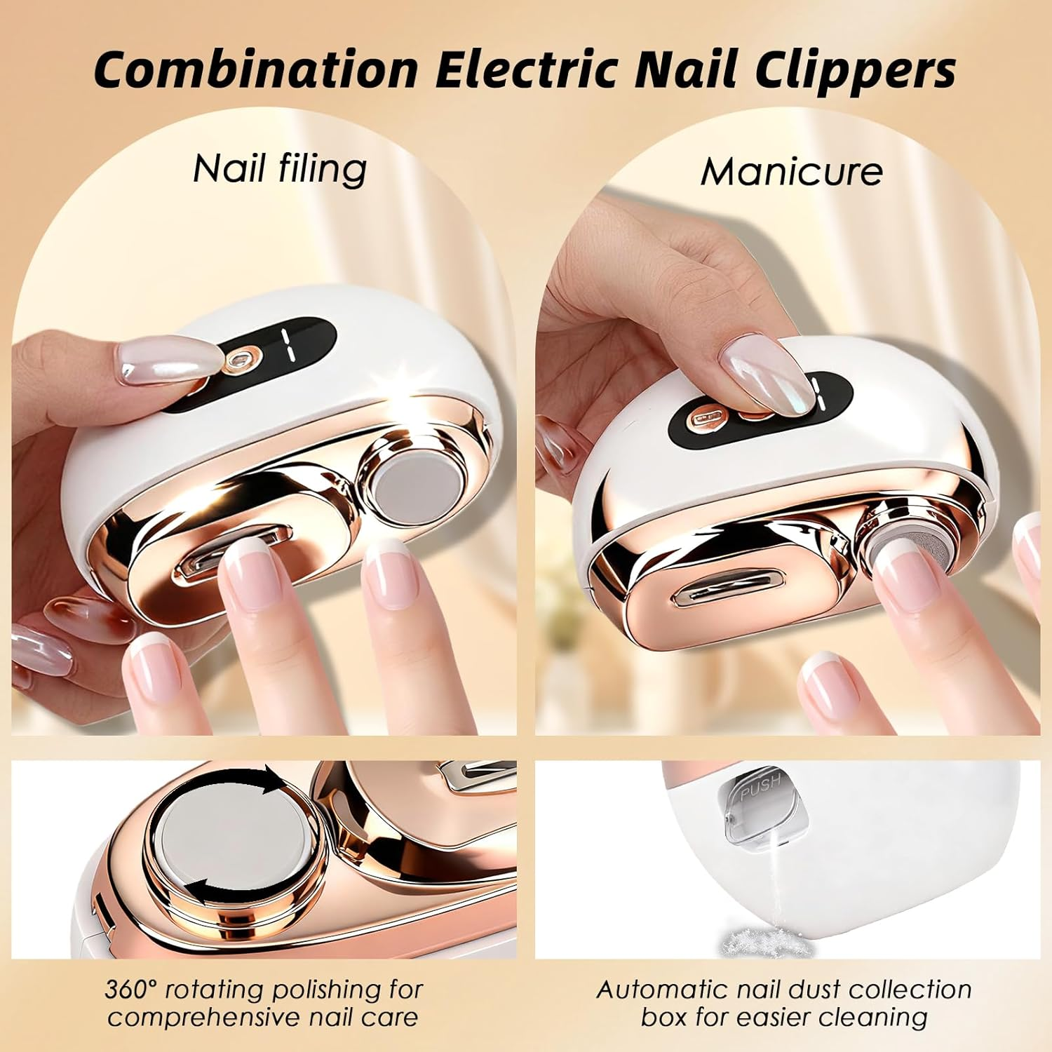 Elektrische Nagelfeile zeigt Nagelpflege, Maniküre, 360°-Polieren & Staubabsaugung.