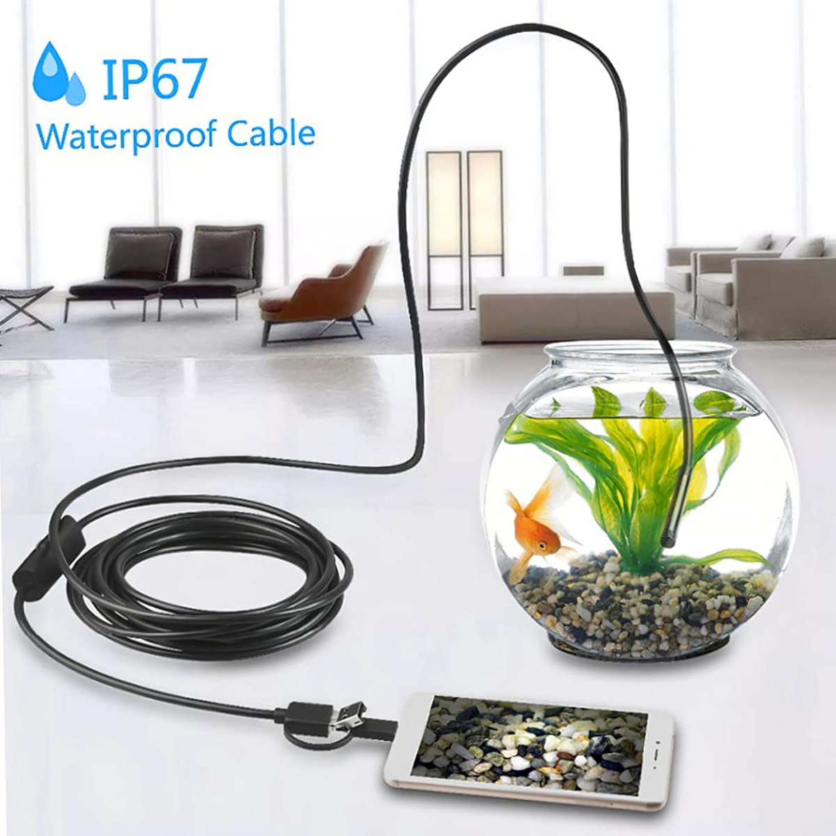 Ein Smartphone wird von einem IP67 wasserdichten Kabel mit einem Fischglas verbunden.