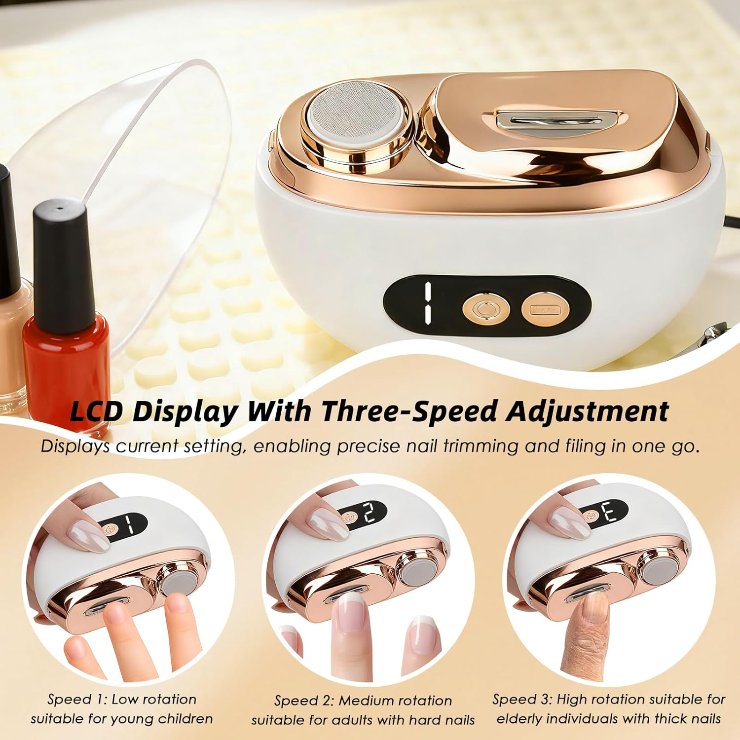Ein weißes und roségoldenes Nagelpflegegerät mit LCD-Anzeige und drei Geschwindigkeitsstufen.