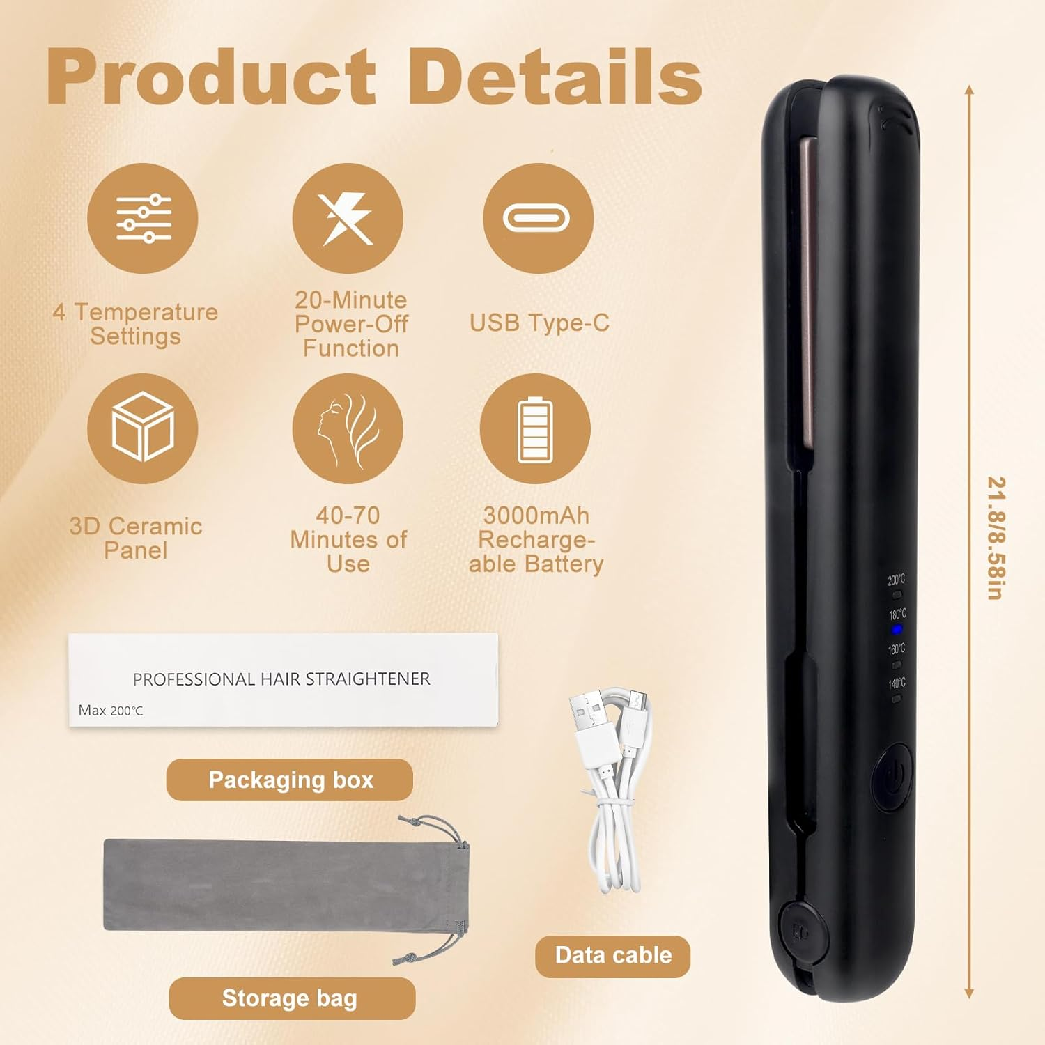 Produktbild mit Haarglätter, Ladekabel, Aufbewahrungstasche und Details.