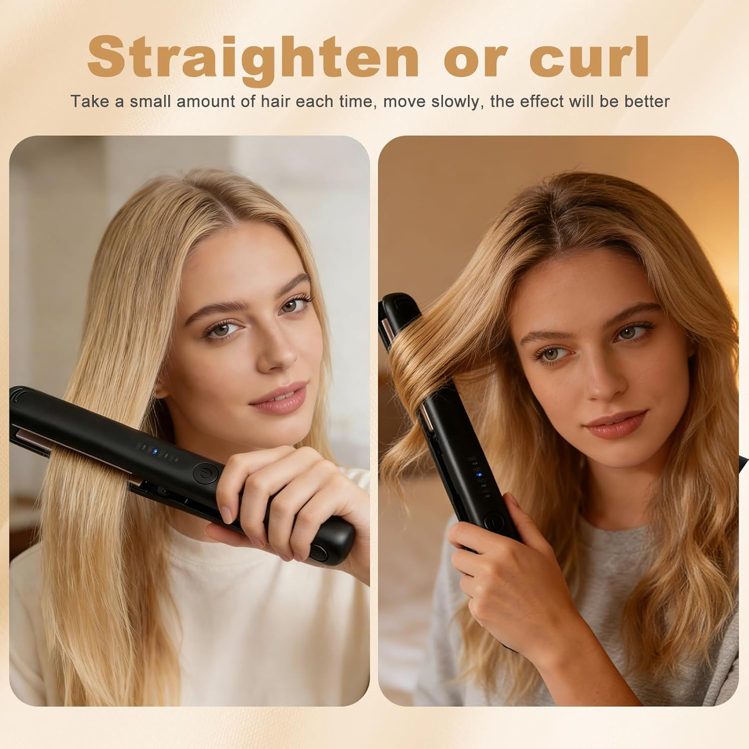 Frau glättet oder lockt ihr blondes Haar mit einem schwarzen Haarglätter.