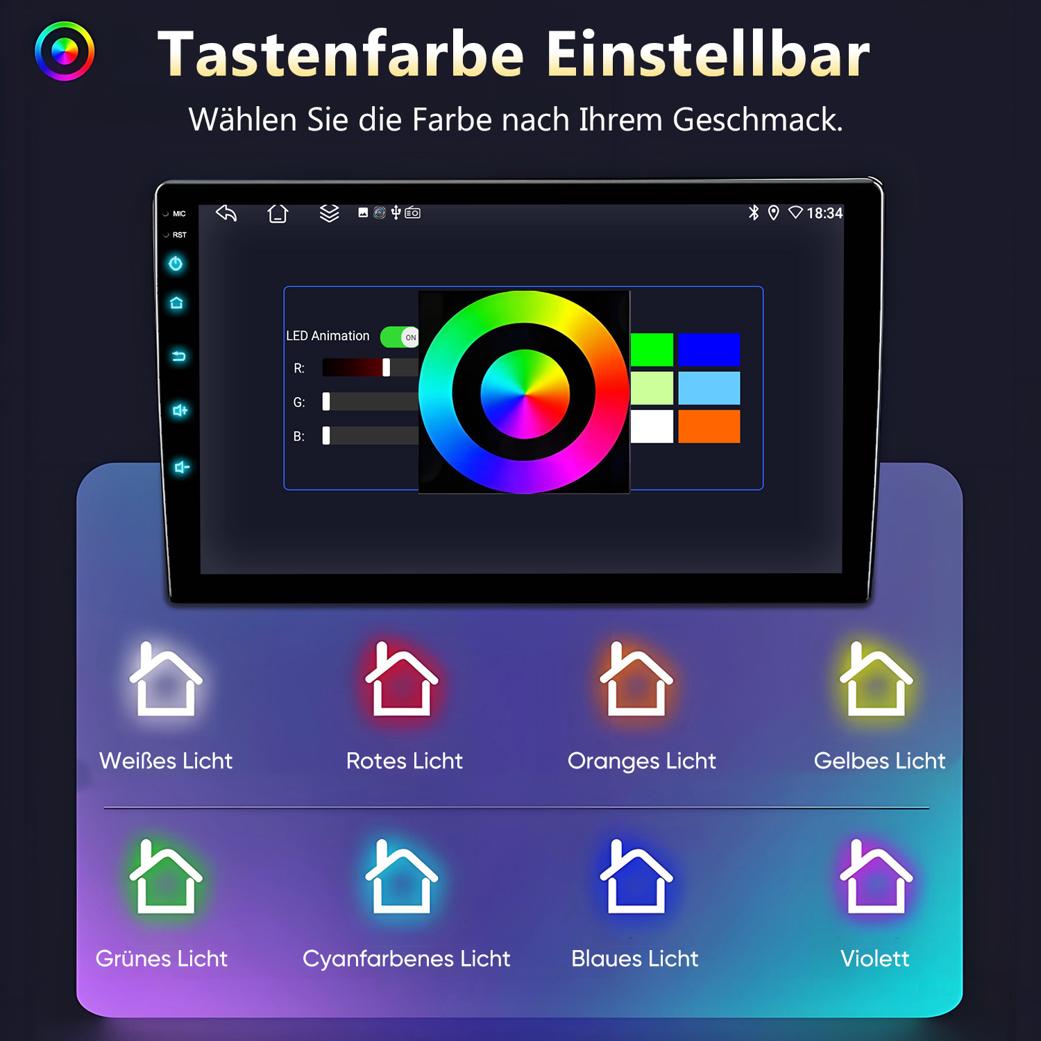 Ein Auto-Infotainmentsystem zeigt eine Farbpalette zur Einstellung der Tastenbeleuchtung.