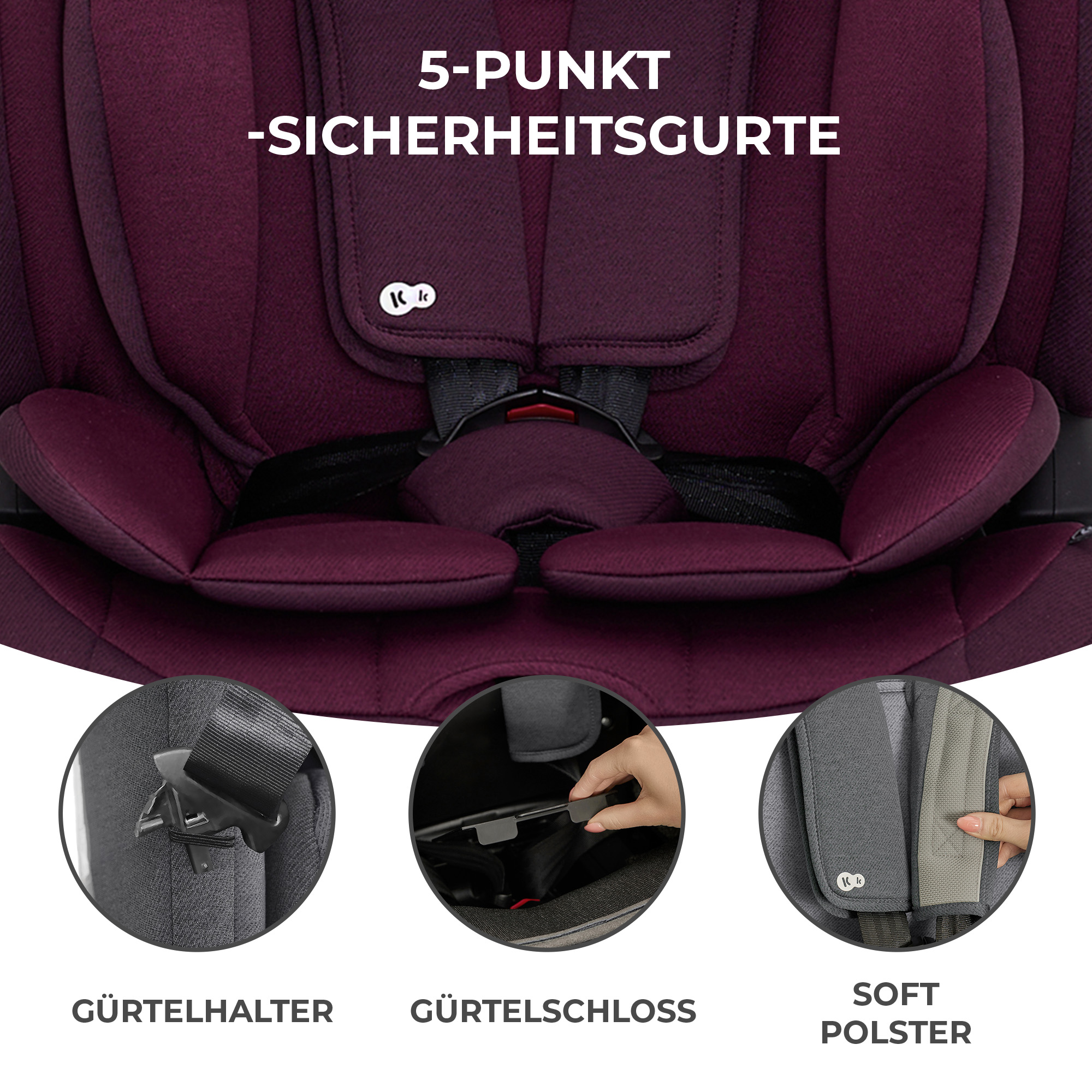 Detailansicht eines roten Kindersitzgurts mit Schnalle und Polstern.