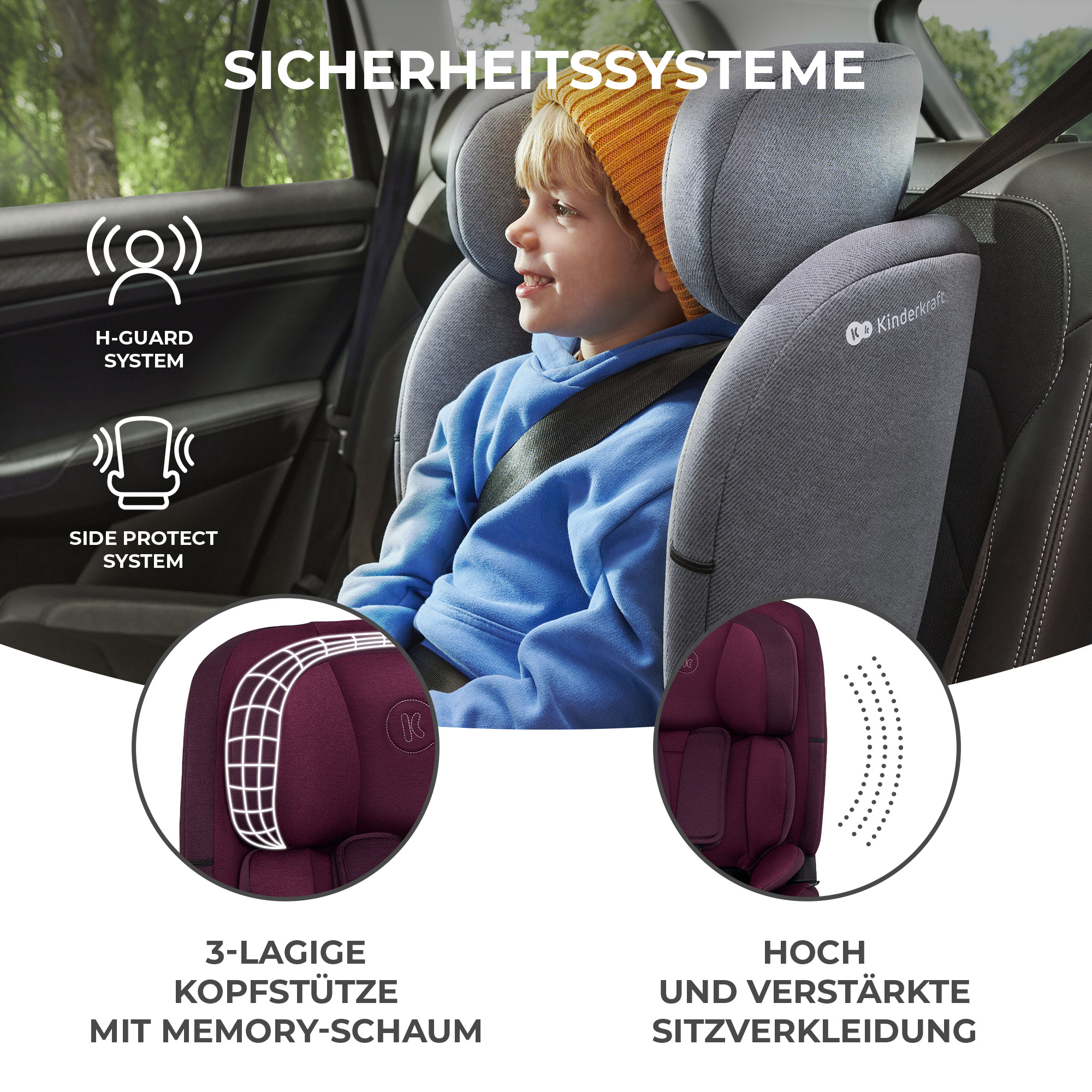 Kleiner Junge im Kindersitz mit Sicherheitssystem-Symbolen und Text.