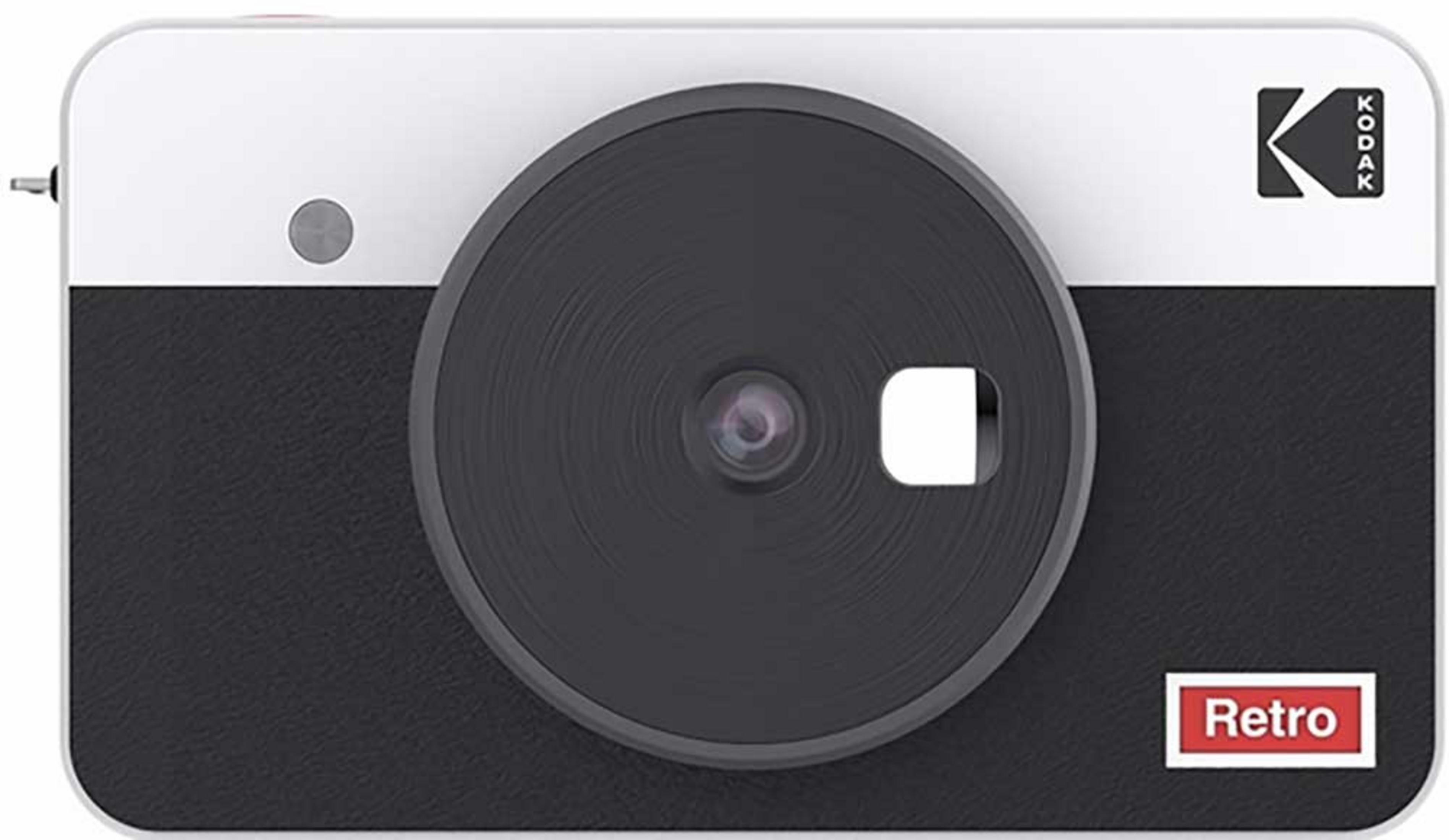 Eine weiße und schwarze Kodak Retro-Kamera mit einem großen Objektiv.