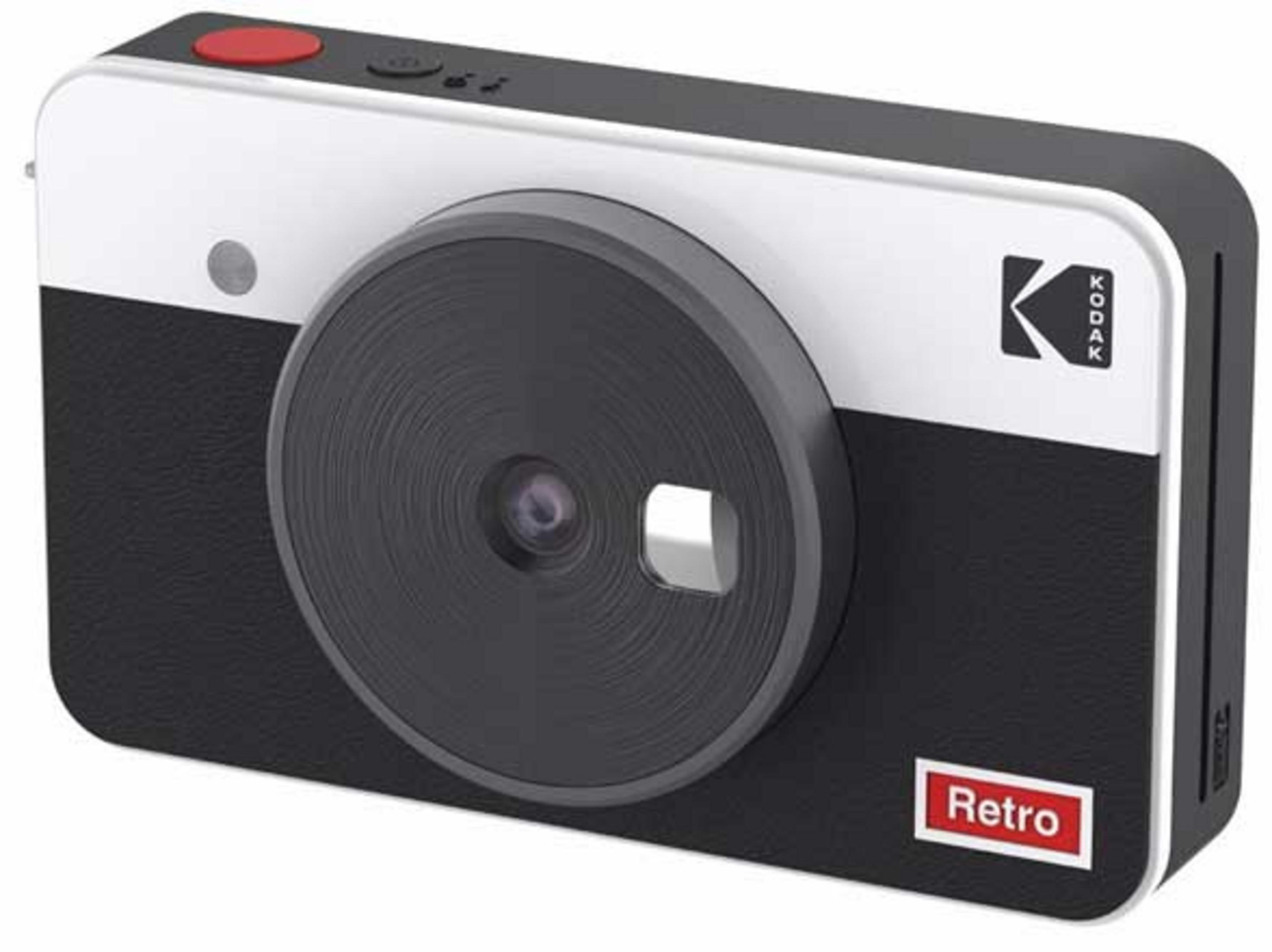 Eine retro-inspirierte Kodak Digitalkamera in Schwarz und Weiß mit rotem Auslöser.