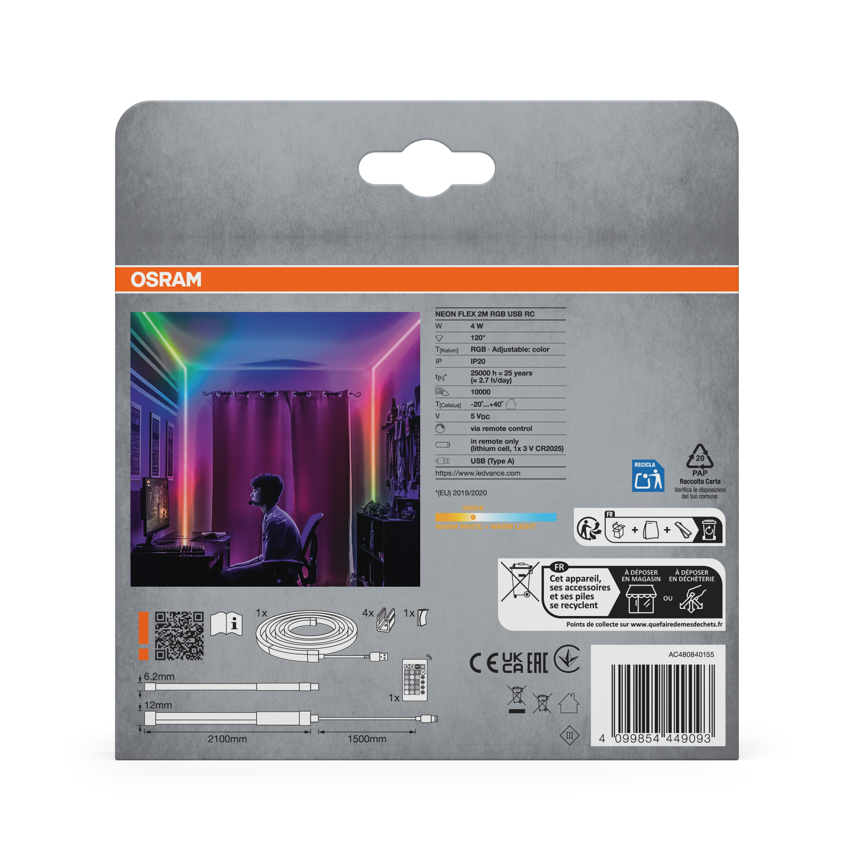 OSRAM Neon Flex 2M RGB USB RC mit Fernbedienung, zeigt Zimmer mit bunter Beleuchtung.