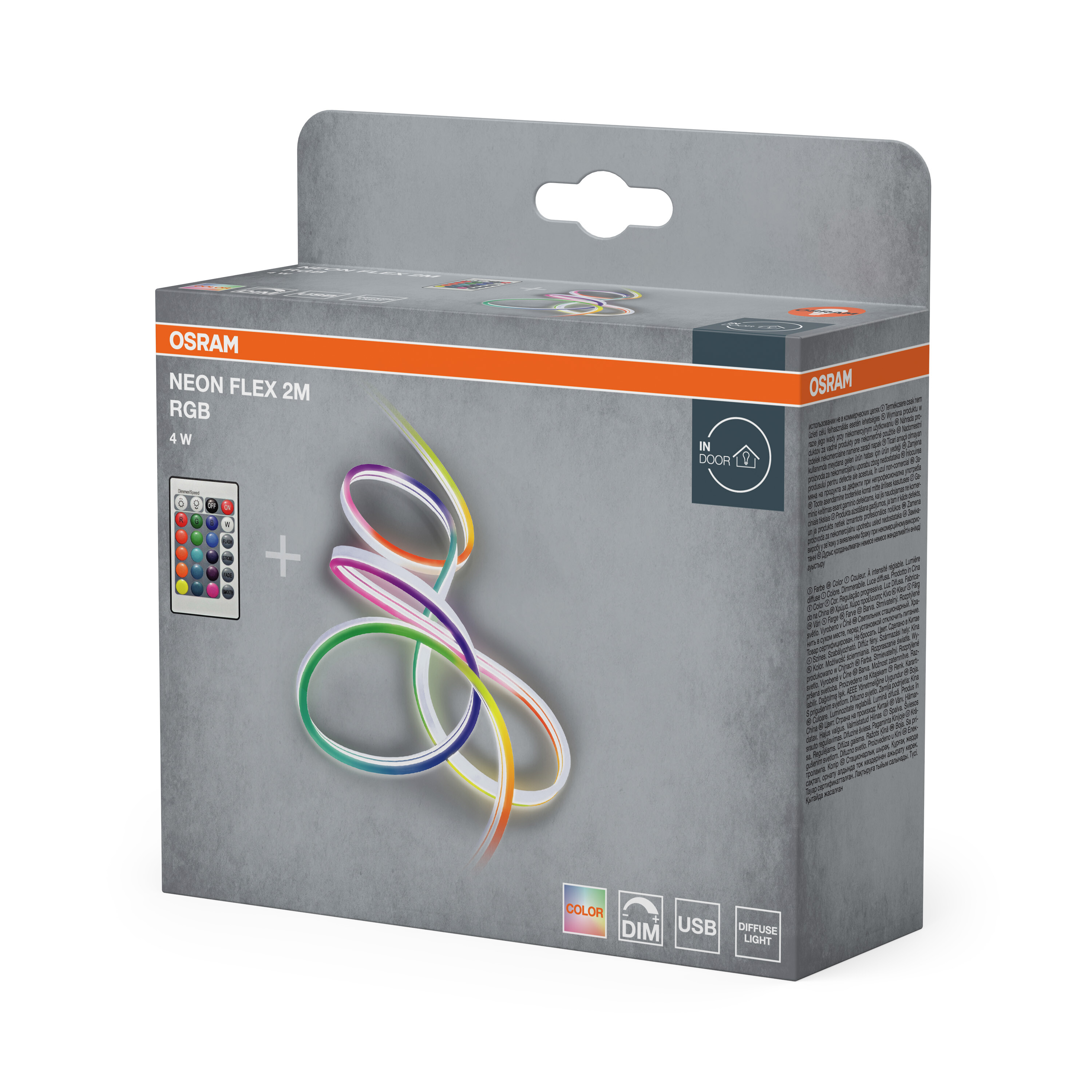 Osram Neon Flex 2M RGB 4W Verpackung mit Fernbedienung und Band.