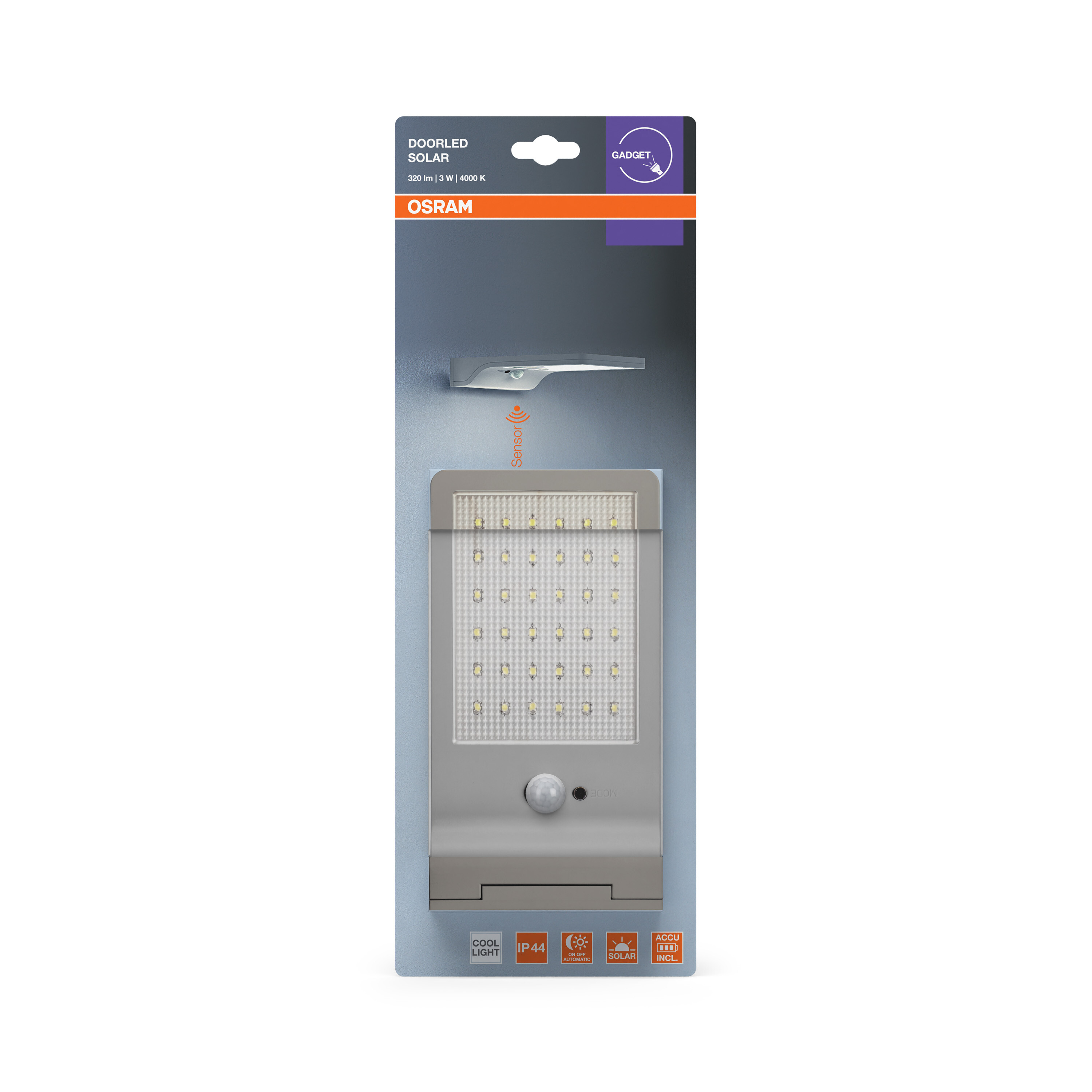 Verpackung für eine Osram Doorled Solar Leuchte mit Bewegungssensor.