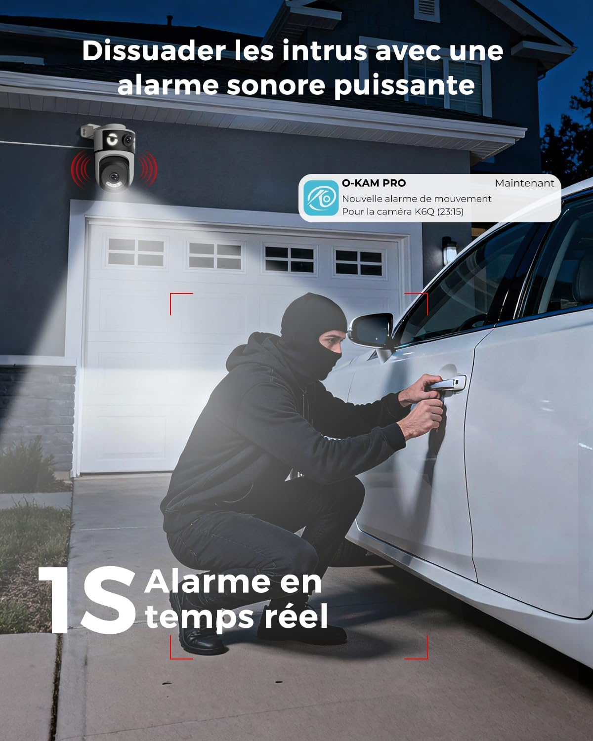 Einbrecher wird von einer Kamera mit Alarm erfasst, der versucht, ein Auto zu öffnen.