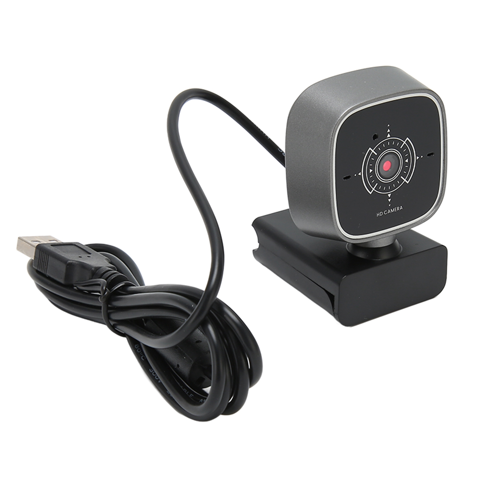 Graue Webcam mit USB-Kabel auf weißem Hintergrund.