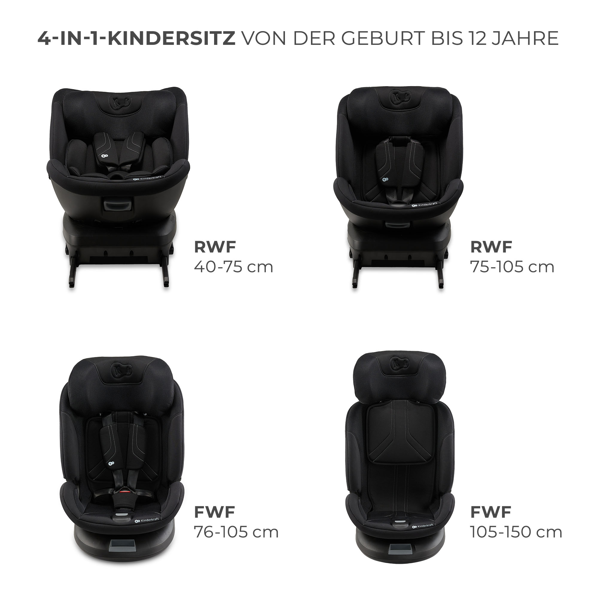 Vier schwarze Kindersitze in verschiedenen Größen und Ausrichtungen.
