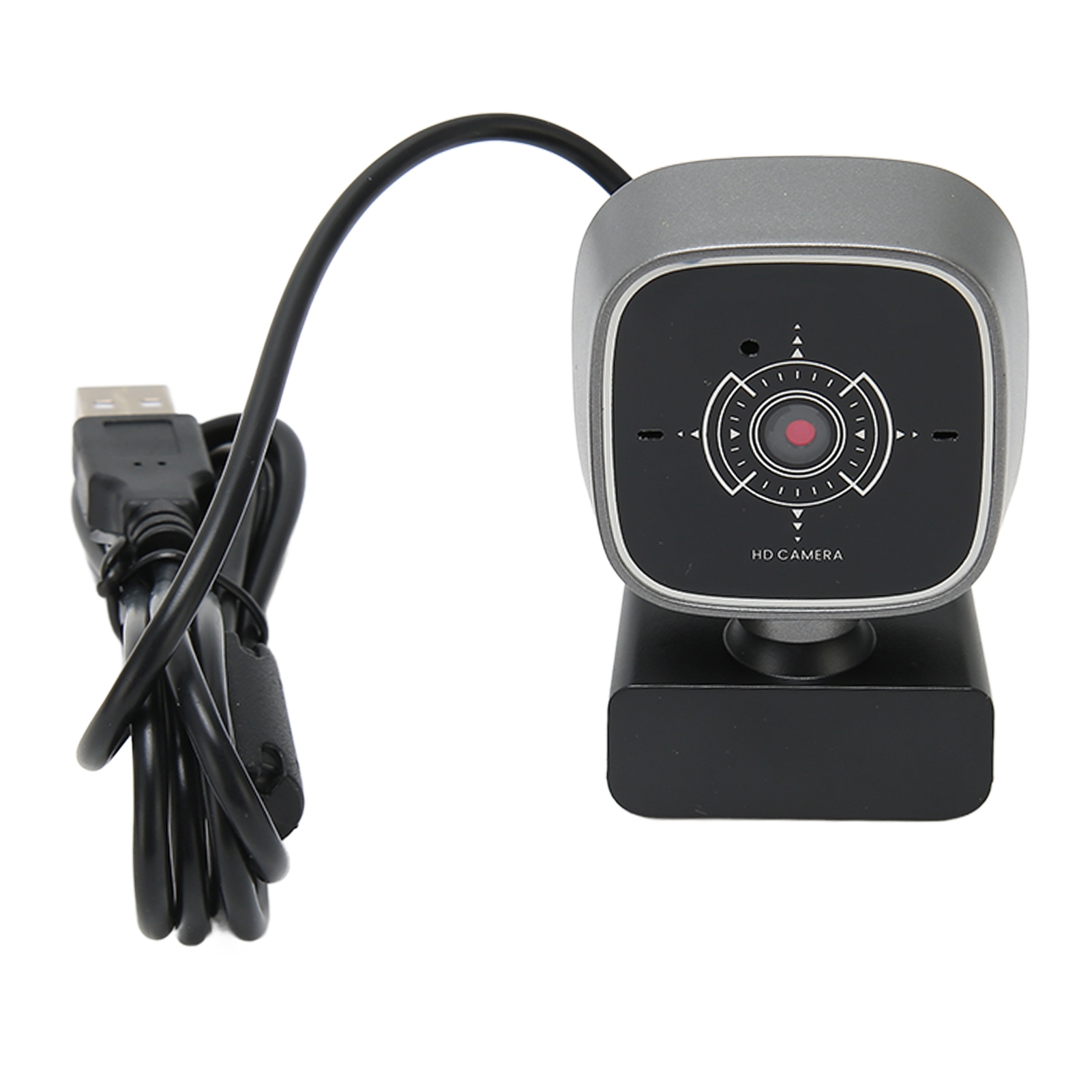 Eine graue HD-Webcam mit schwarzem USB-Kabel und einem schwarzen Ständer.
