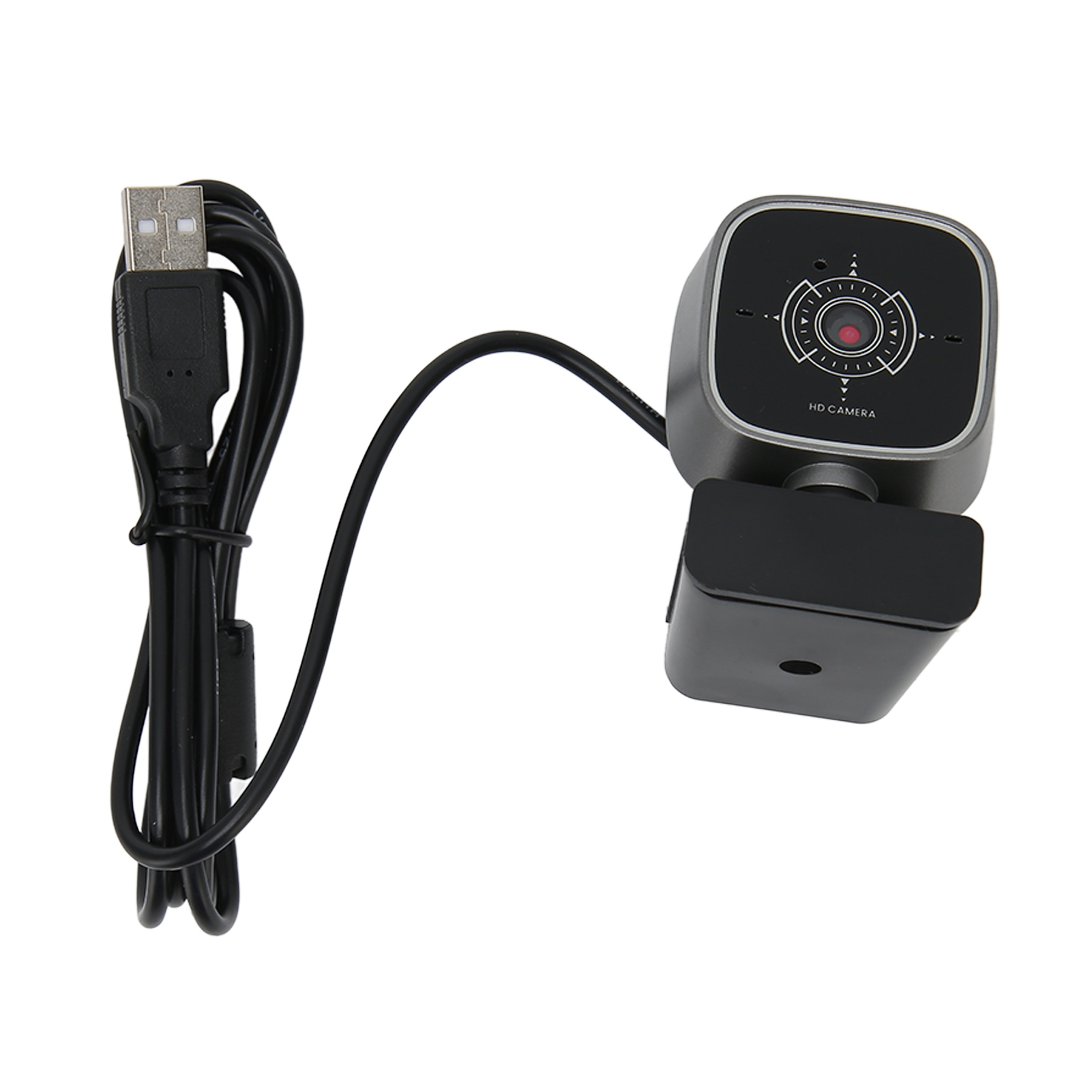 Eine silberne HD-Webcam mit schwarzem Kabel und USB-Stecker auf weißem Hintergrund.