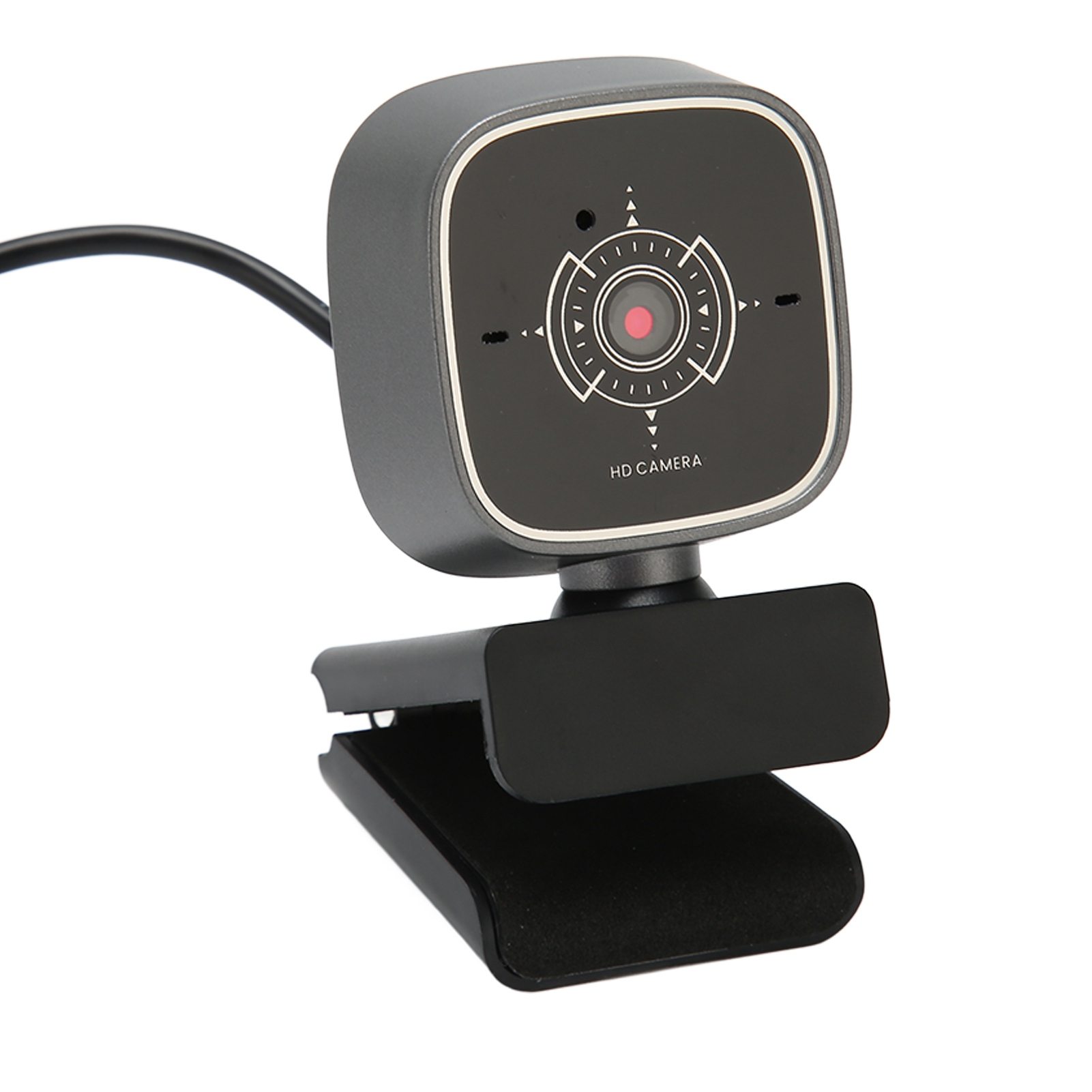 Eine graue HD-Webcam mit rotem Objektiv und schwarzer Halterung auf weißem Hintergrund.