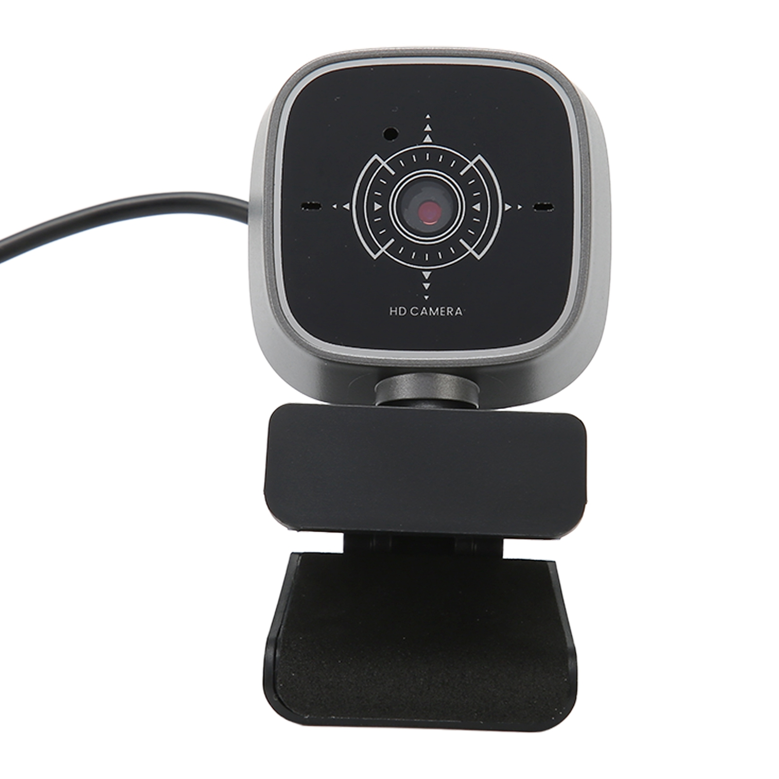Eine schwarze HD-Webcam mit einem silbernen Rahmen und einem flexiblen Ständer.