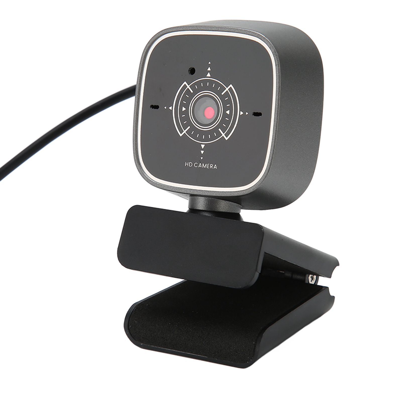 Eine schwarze HD-Webcam mit silbernem Rand und rotem Licht, auf weißem Hintergrund.