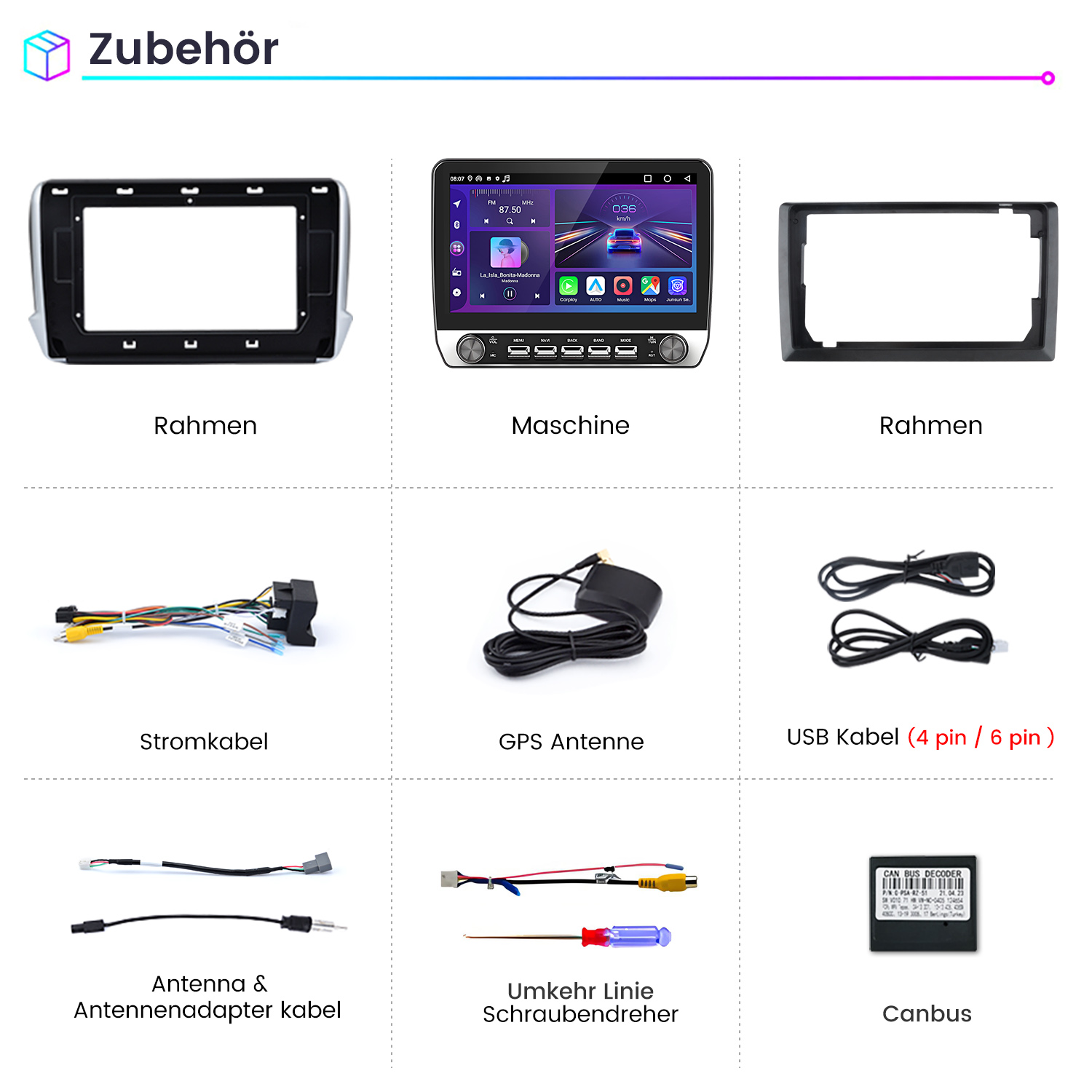 Einbaurahmen, Autoradio-Display, Einbaurahmen, Stromkabel, GPS-Antenne, USB-Kabel, Antennenkabel, Schraubendreher, Canbus.
