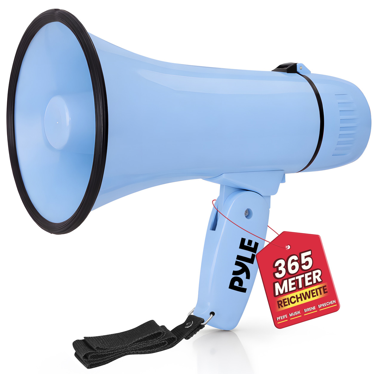 Ein hellblauer Megafon mit schwarzem Tragegriff und rotem Preisschild.