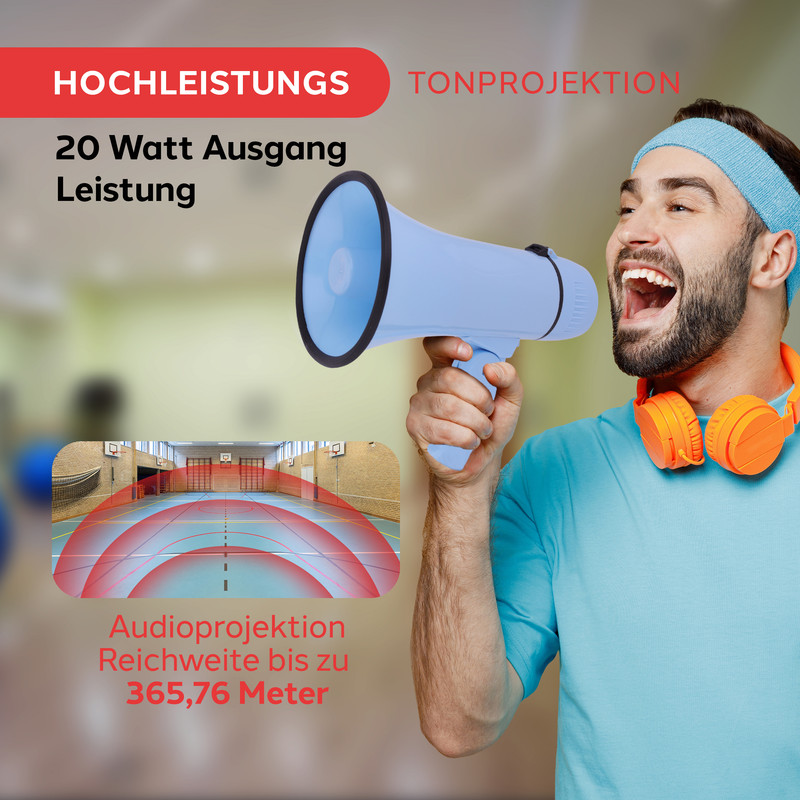 Mann hält hellblaue Megafon, 20 Watt, Reichweite 365m.