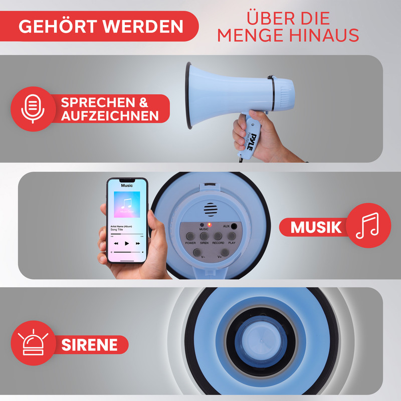 Ein hellblaues Megafon mit Bedienelementen für Musik, Sirene und Aufzeichnung.