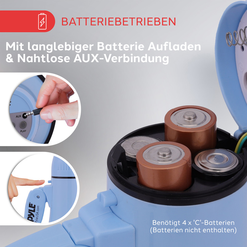 Batteriebetriebenes Gerät mit 4 C-Batterien, AUX-Anschluss und Ladeanzeige.