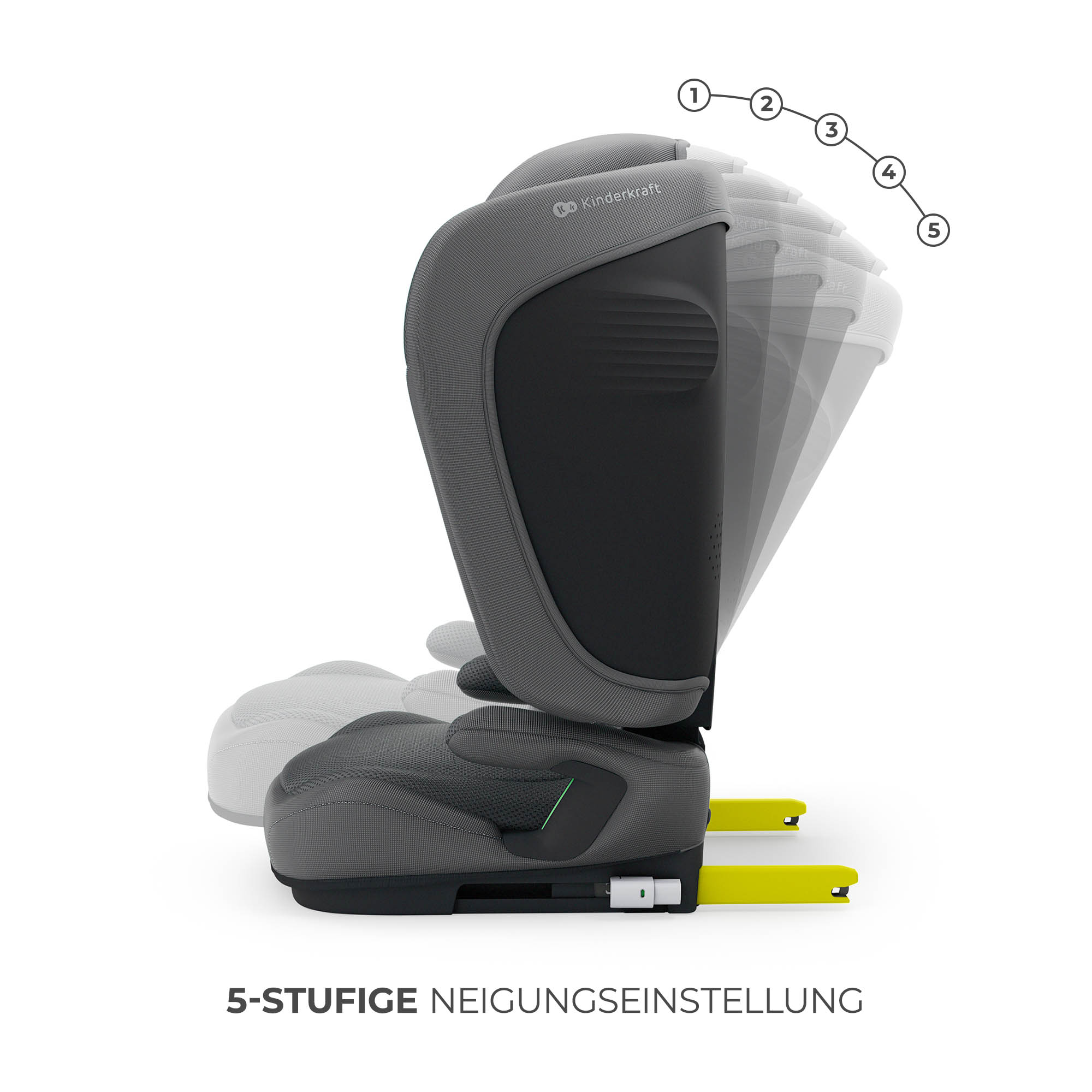 Grauer Kindersitz mit verstellbarer Rückenlehne und gelben ISOFIX-Haken.