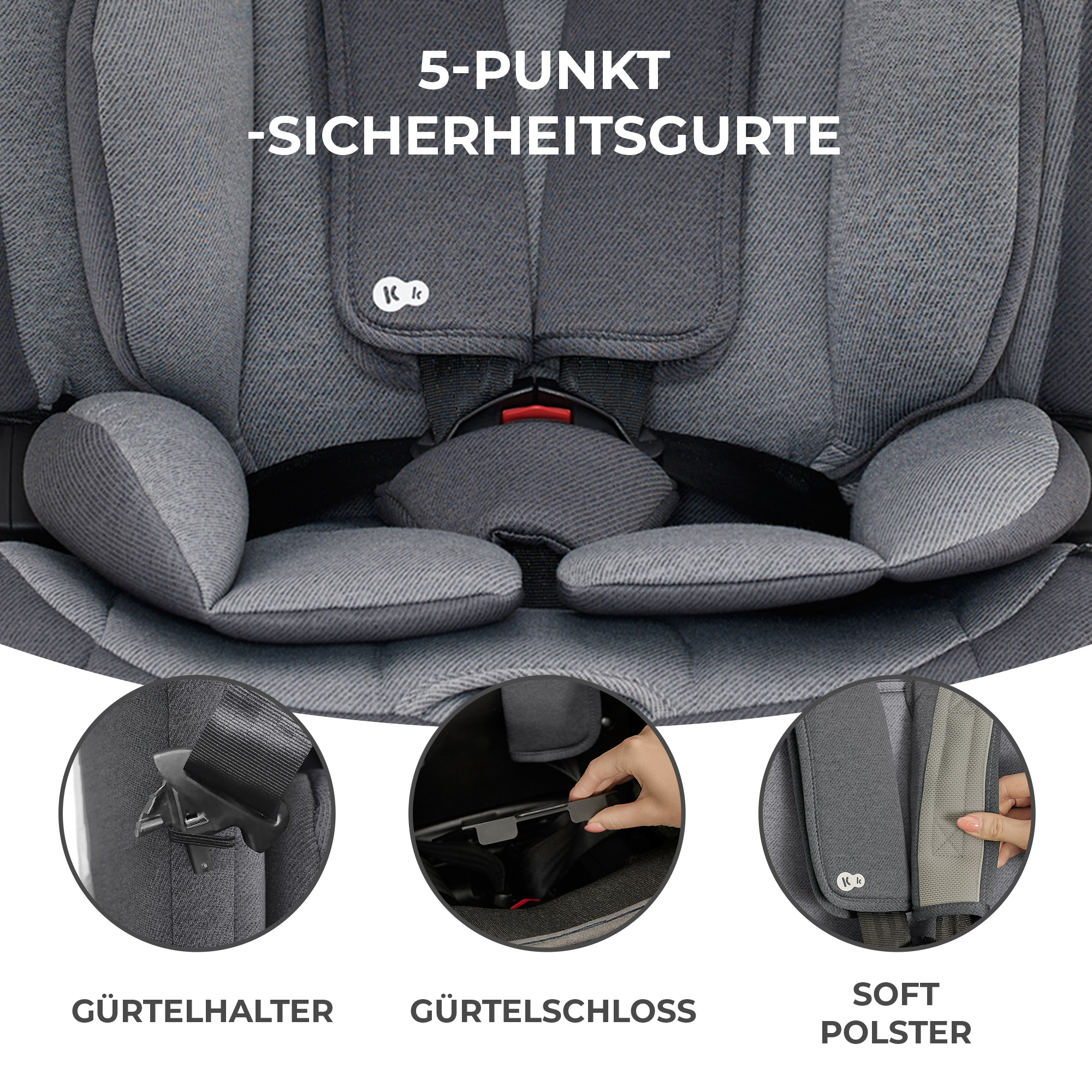 Nahaufnahme eines grauen Kindersitzes mit 5-Punkt-Gurten, Schnalle und Polsterung.