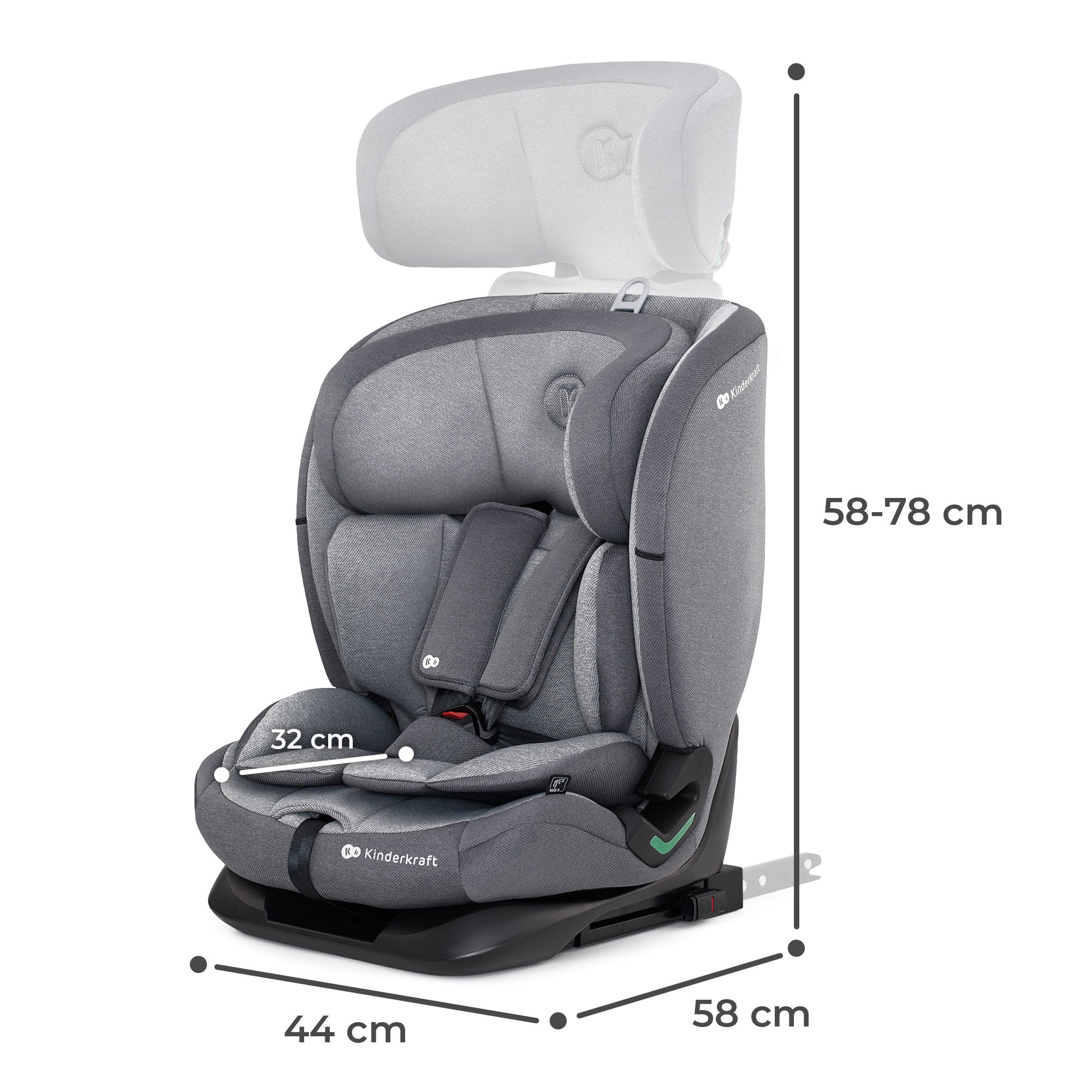 Grauer Kindersitz mit Maßen 58-78 cm Höhe, 32 cm Breite, 44 cm Tiefe.