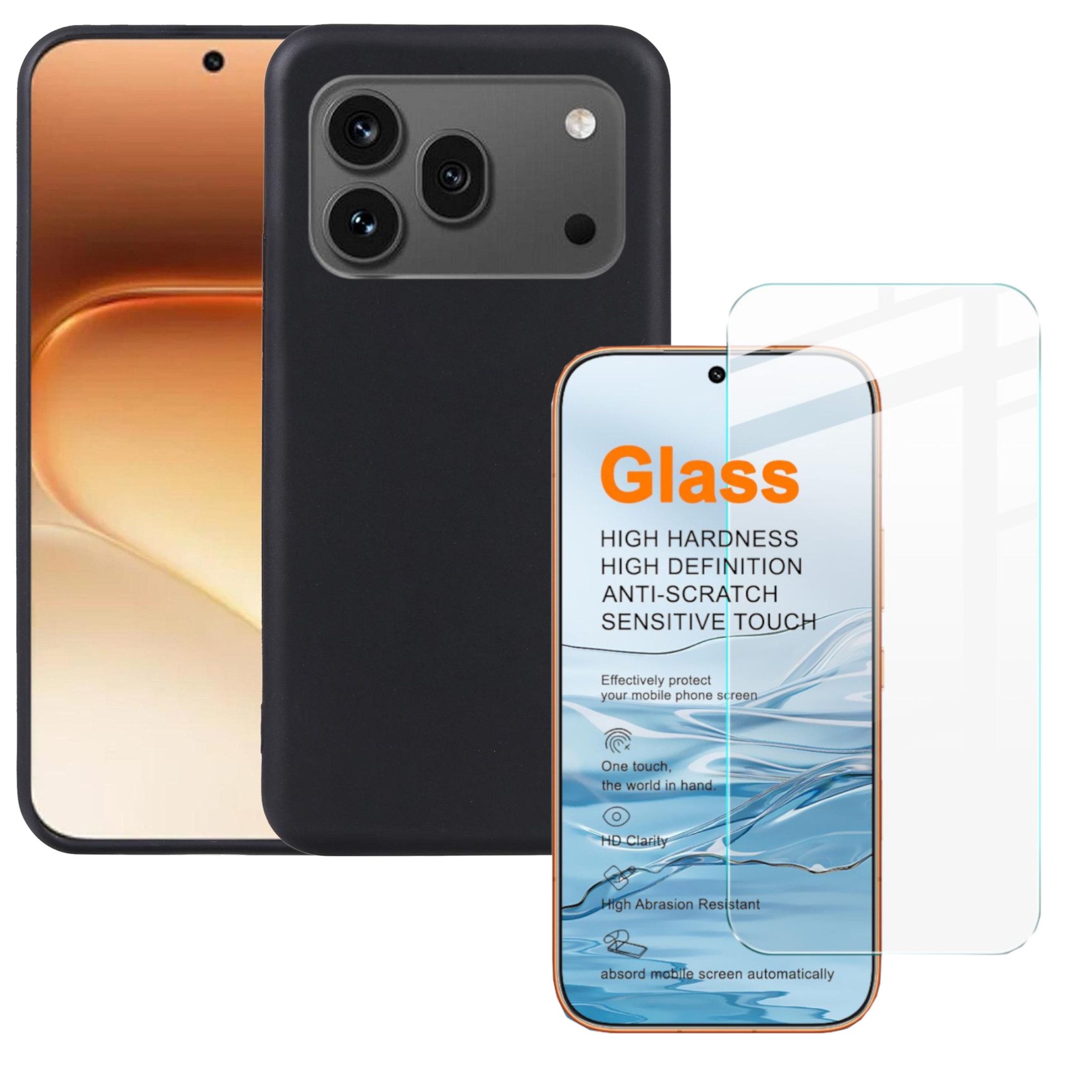 Ein schwarzes Handy mit einer Schutzhülle und einem Displayschutzglas daneben.