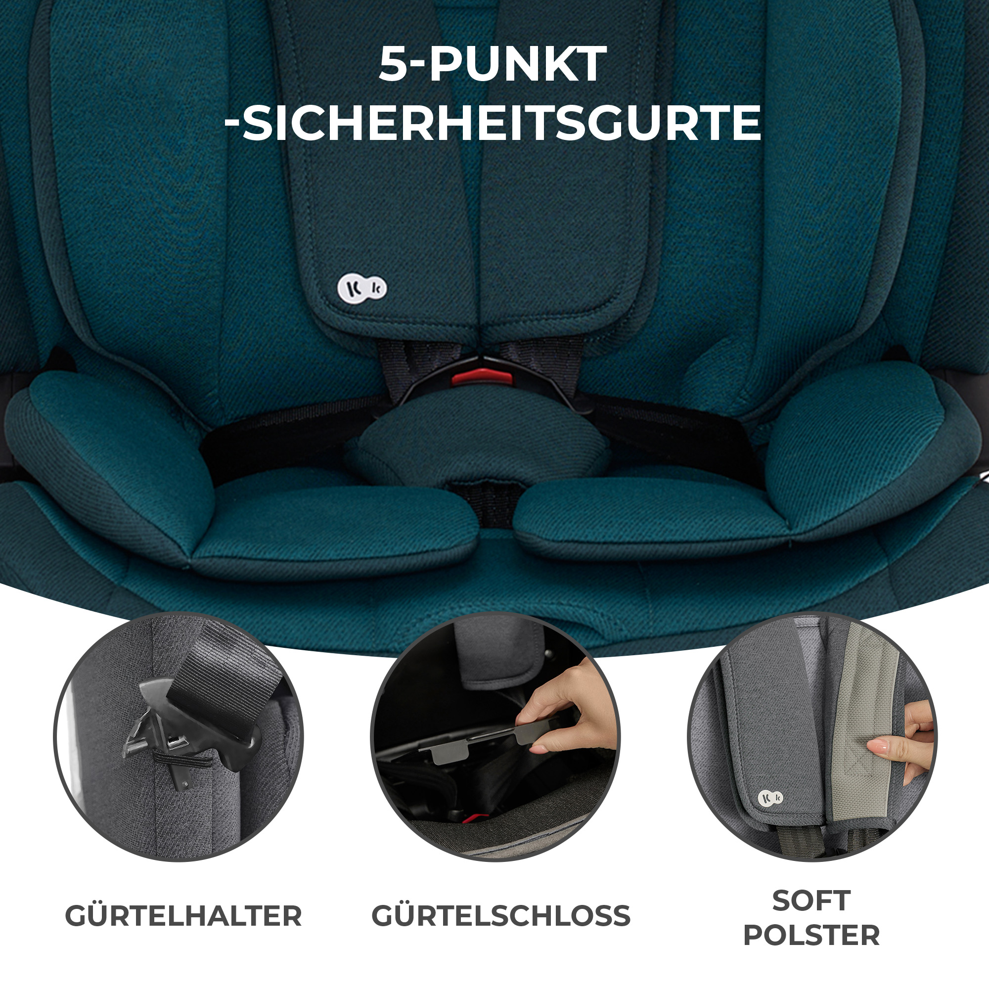 Drei Nahaufnahmen eines Kindersitzes: Gurtelhalter, Gurtelschloss und Polster.
