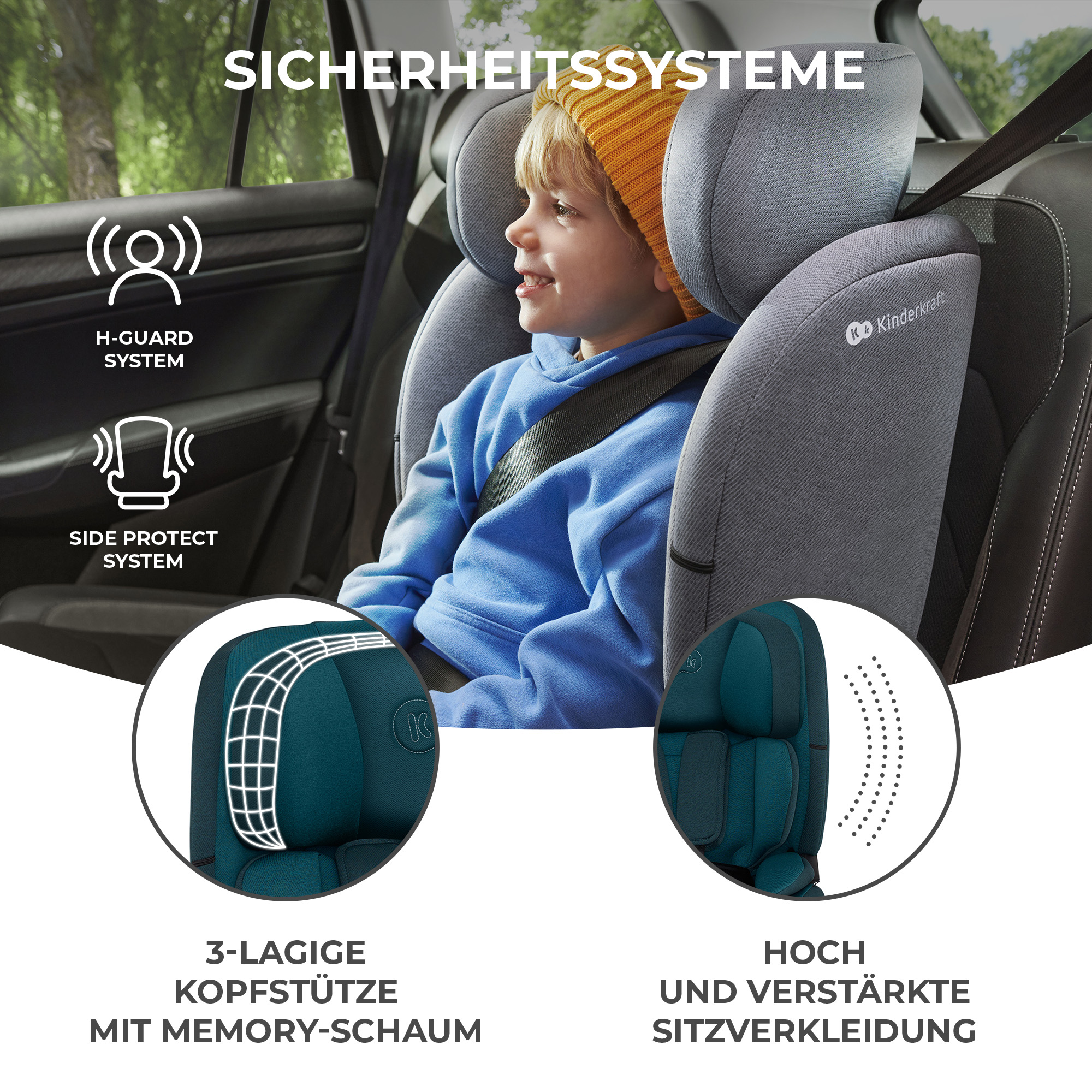Ein Kind sitzt in einem Kindersitz mit Schutzsystemen, darunter Kopfstützen und Seitenschutz.