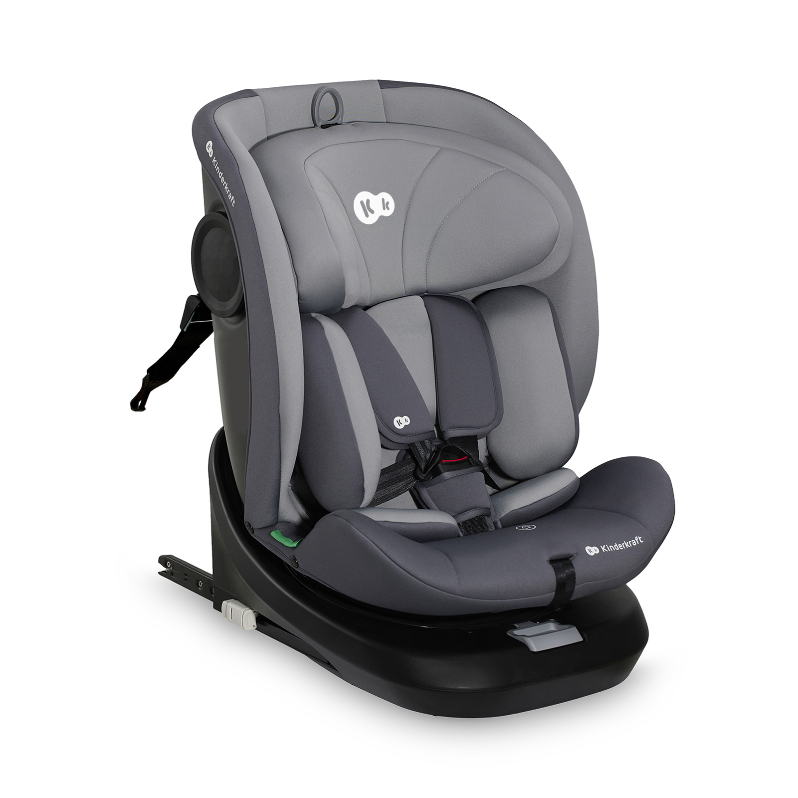Ein grauer Kinderkraft Autositz mit schwarzem Sockel und Gurt, auf weißem Grund.