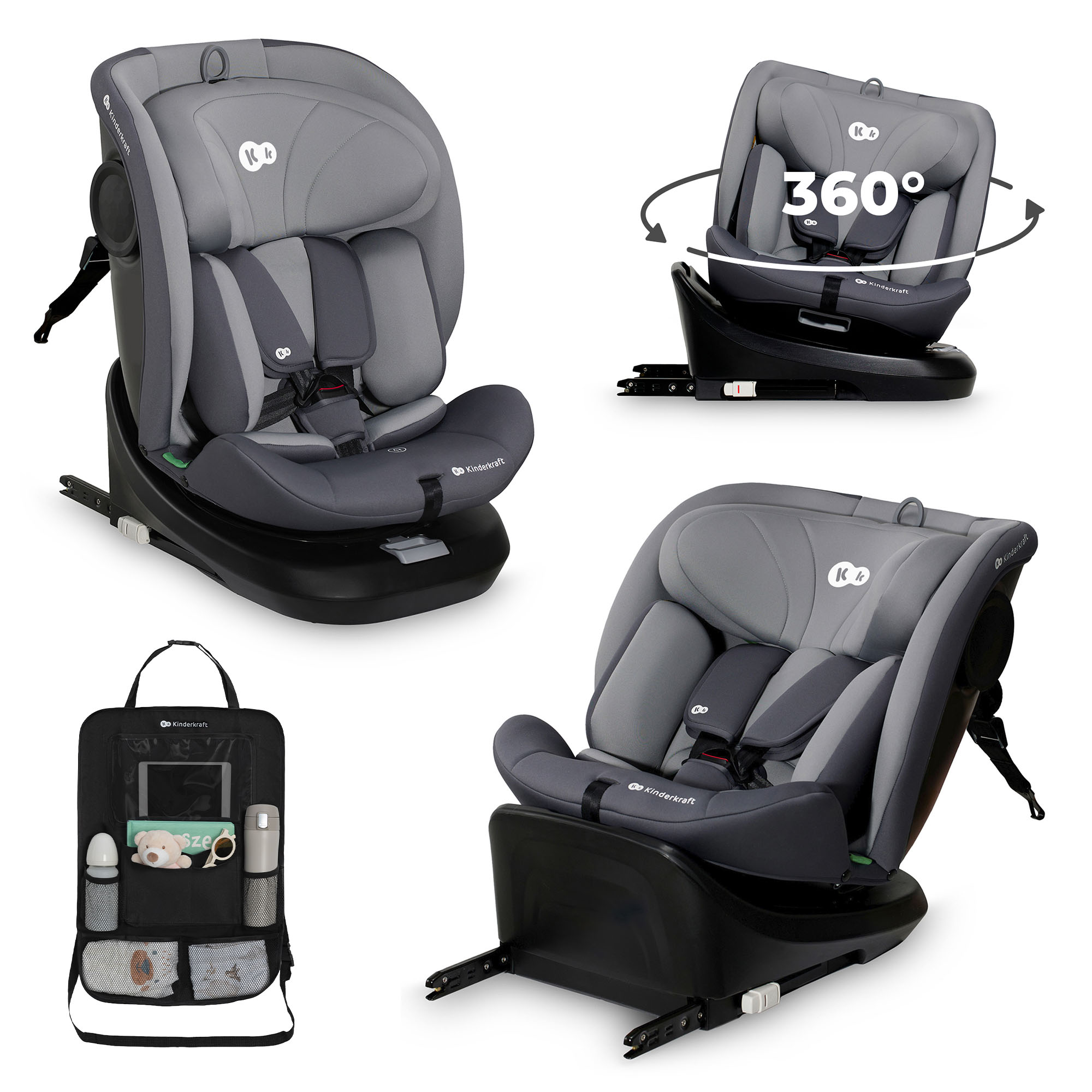 Grauer Kindersitz mit 360-Grad-Drehung und Organizer-Tasche.