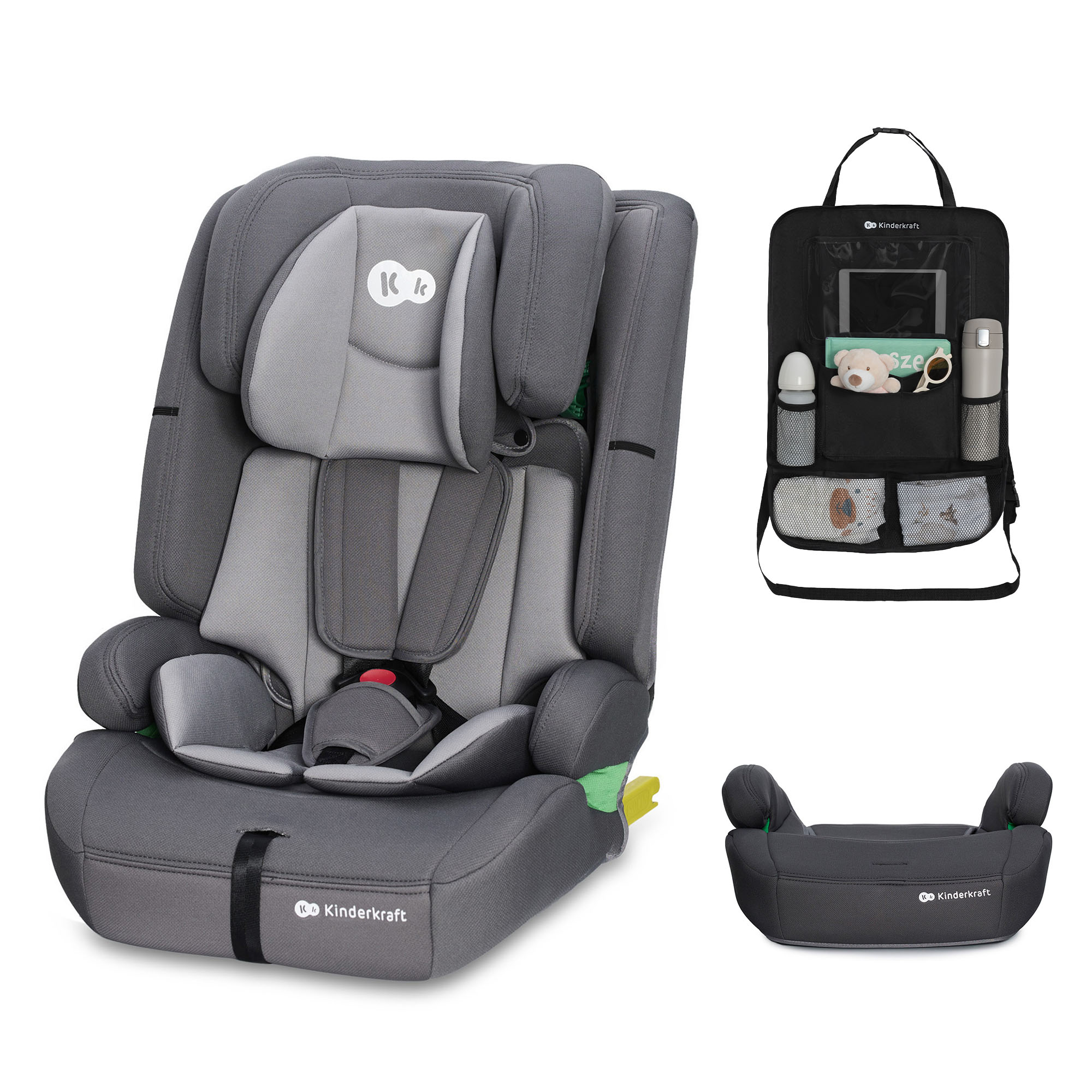 Grauer Kindersitz mit Organizer und Sitzerhöhung.