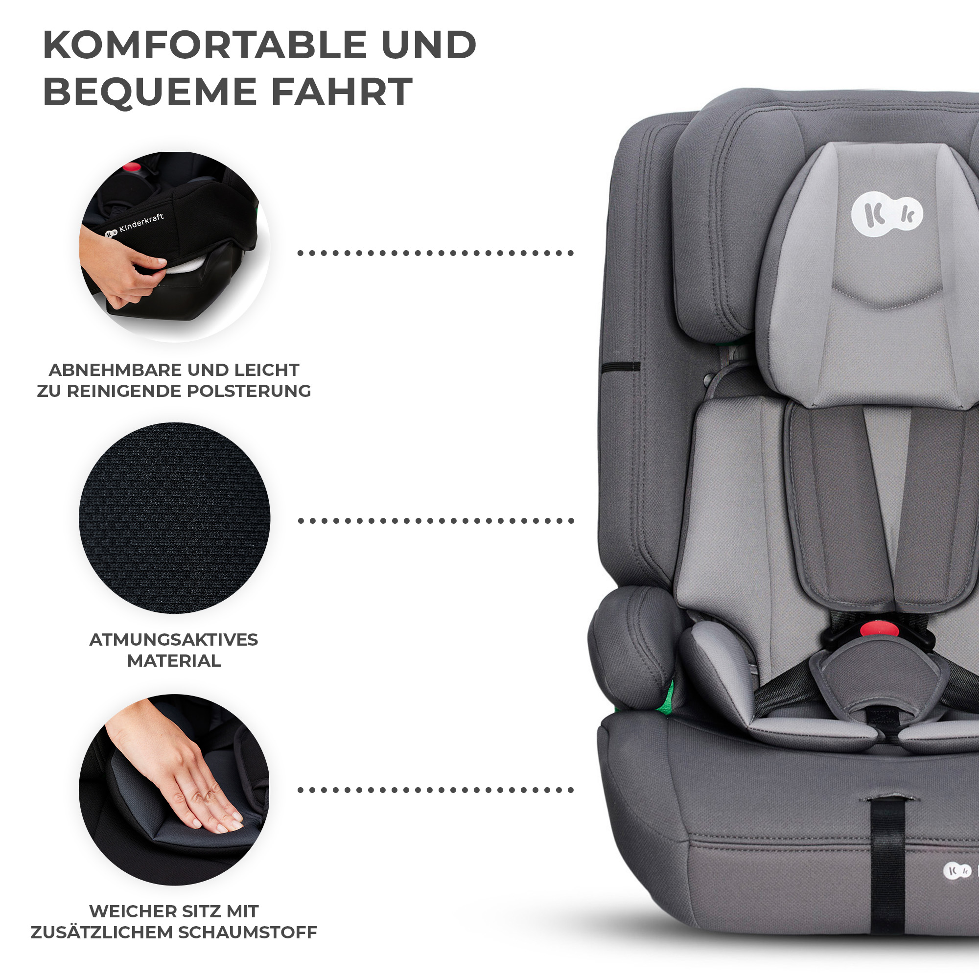 Grauer Kindersitz mit abnehmbarer Polsterung und atmungsaktivem Material.