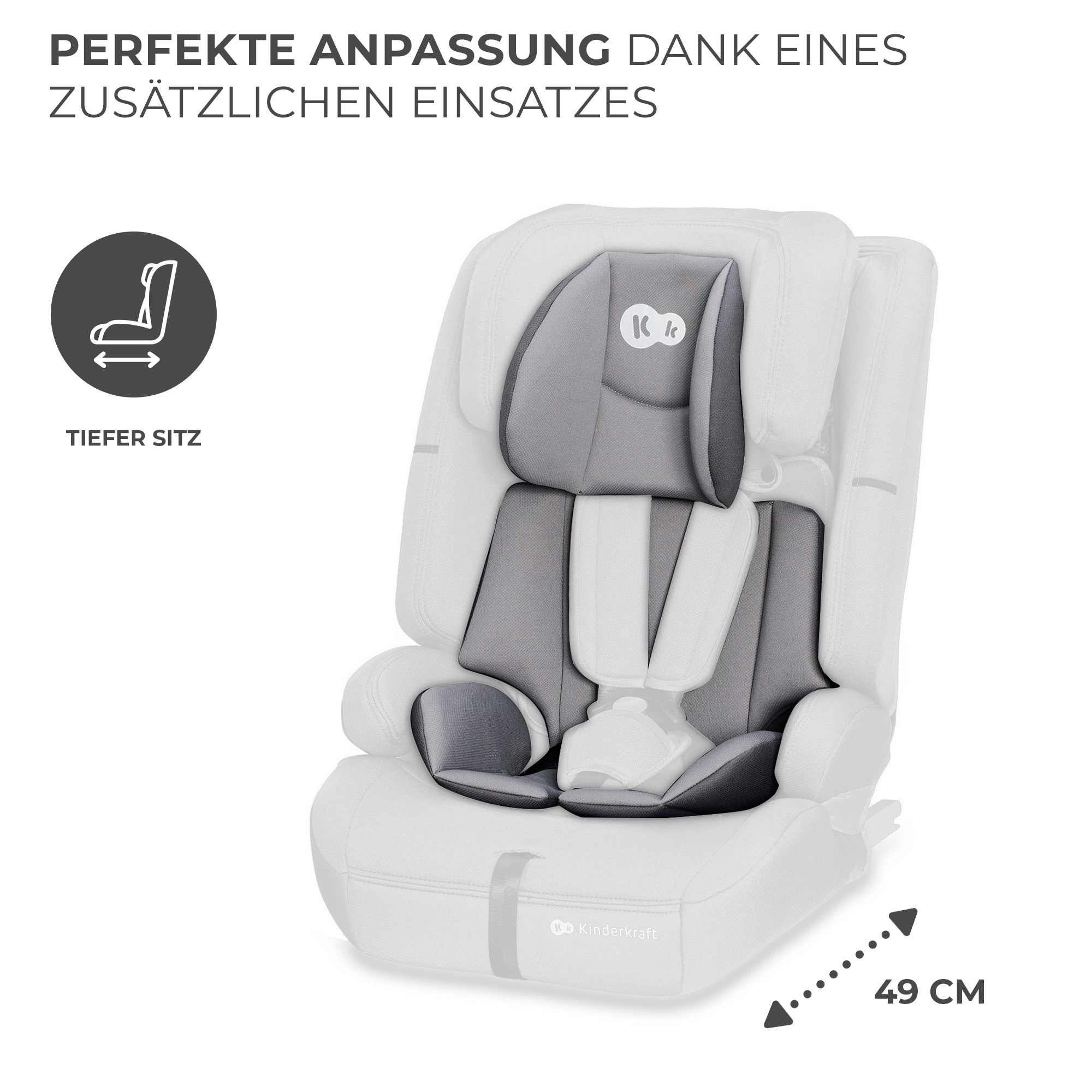 Ein grauer Kindersitz mit weißen Akzenten und einem tiefen Sitz-Symbol.