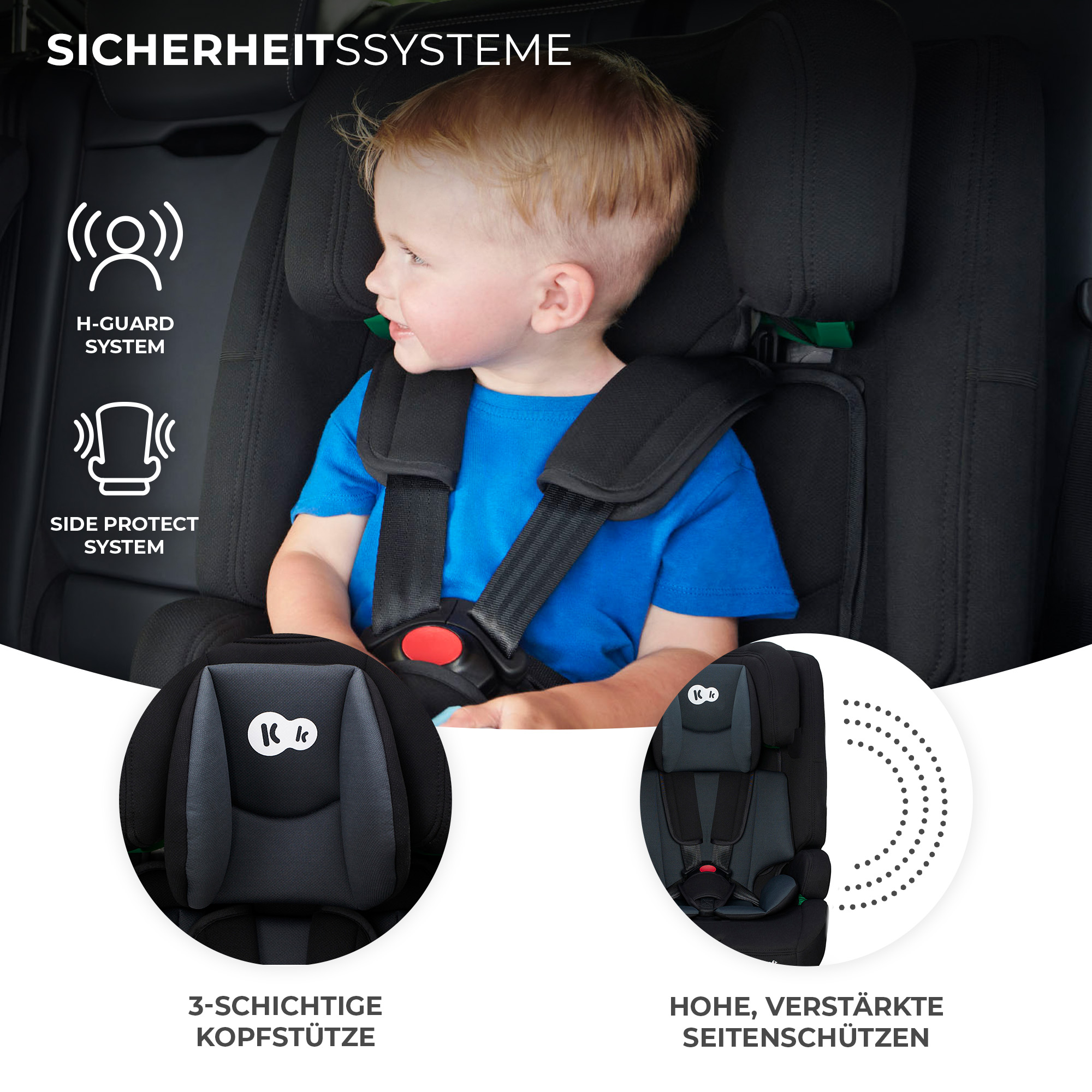 Kind im Autositz. Merkmale: H-Guard, Seitenschutz, 3-lagige Kopfstütze.