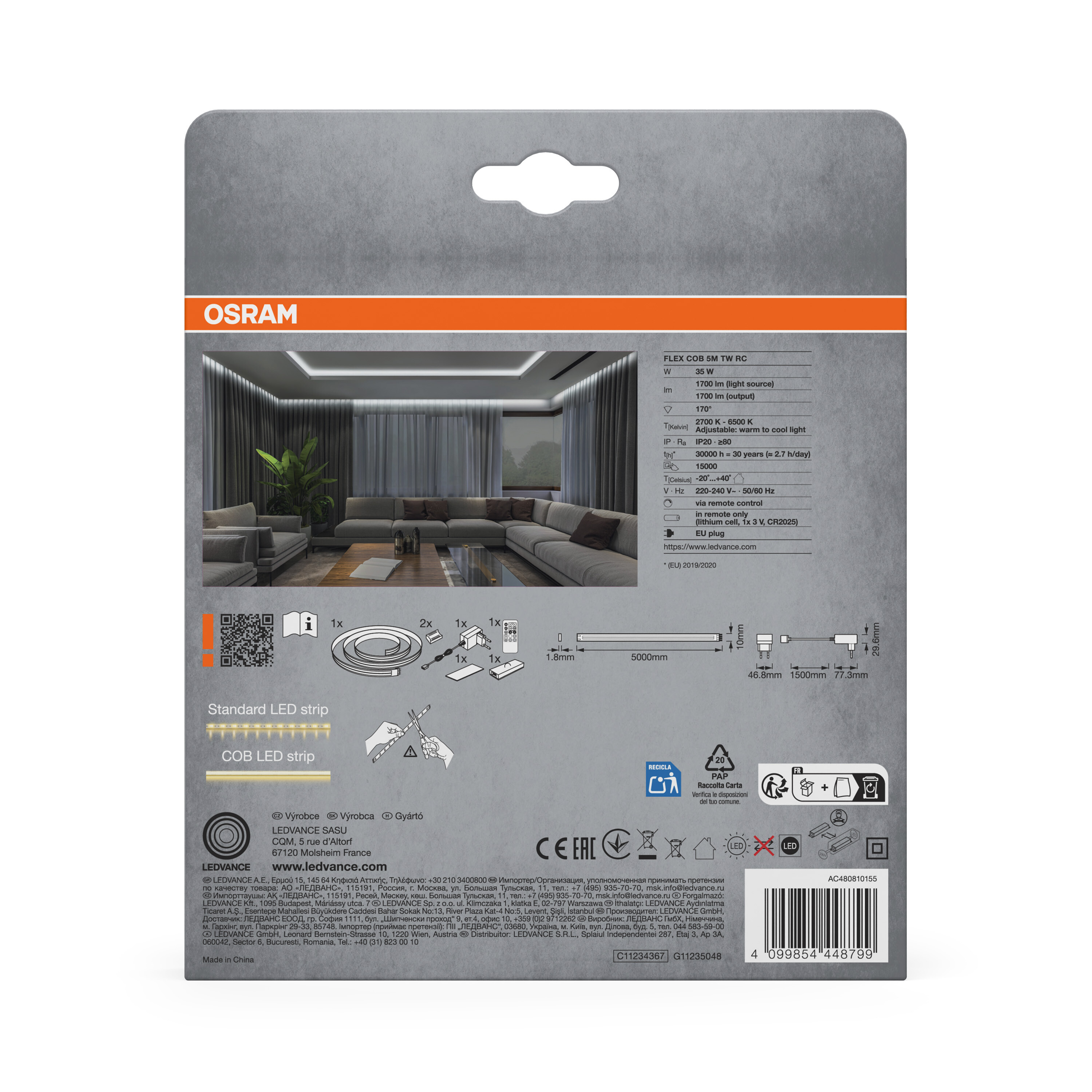 Osram LED-Streifen Verpackung mit technischen Daten und Zubehör.