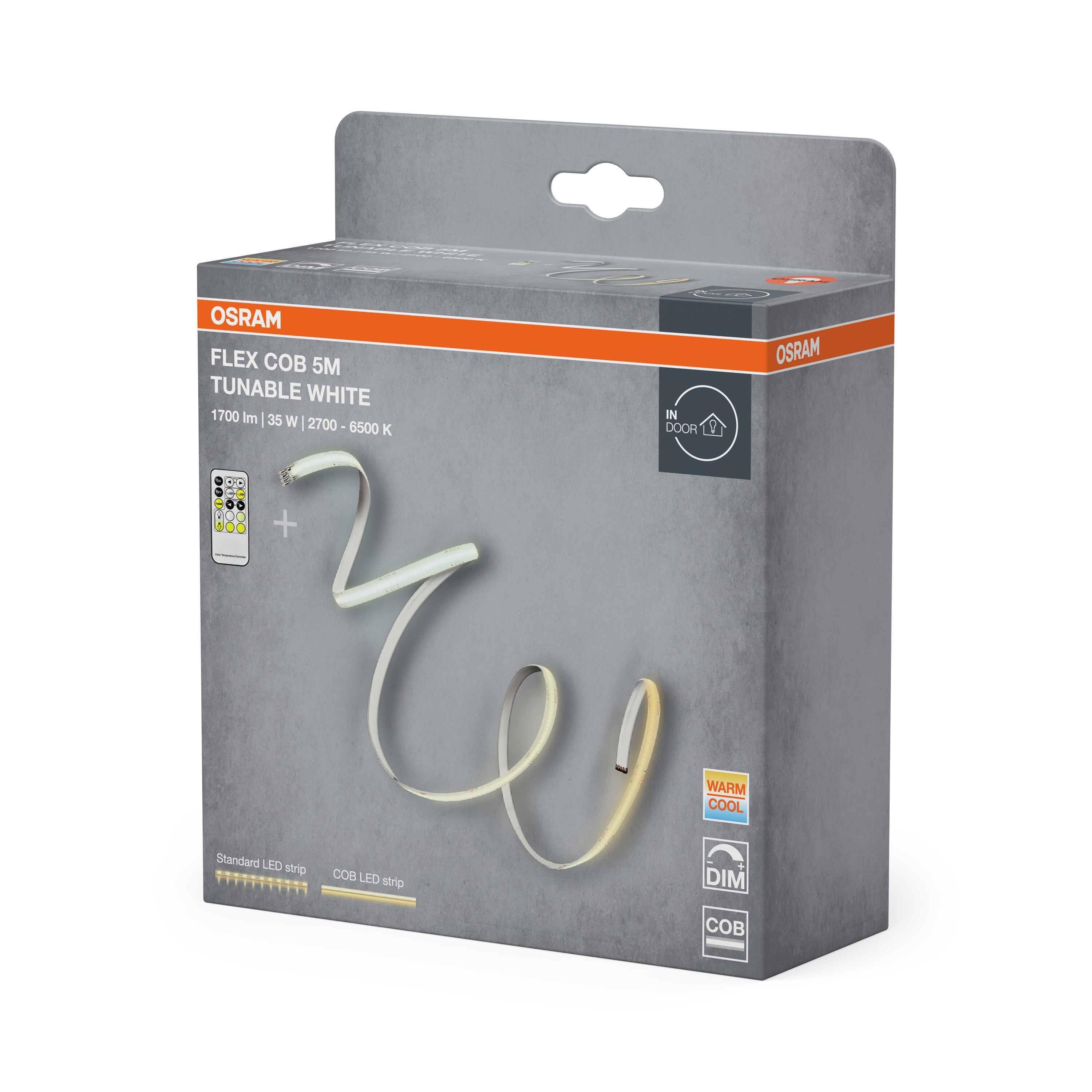 OSRAM Flex COB 5M Tunable White LED-Streifen mit Fernbedienung und Verpackung.