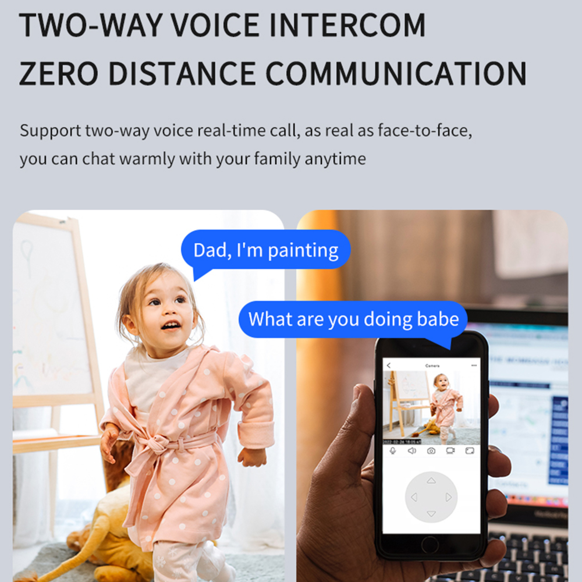 Ein Kind in einem rosa Bademantel spricht per Intercom, auf einem Telefon gesehen.